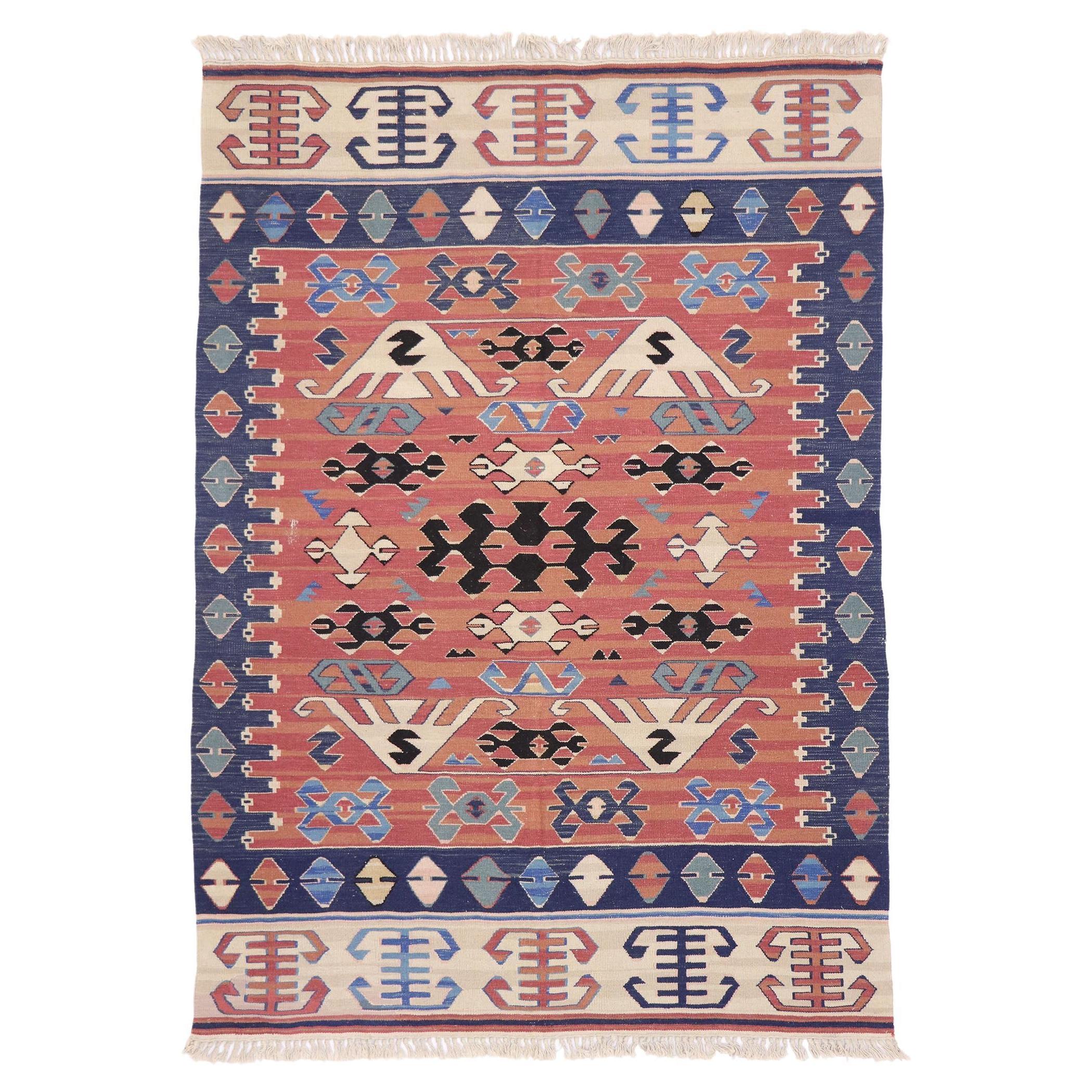 Vintage Persian Bijar Kilim Rug, Tribal Enchantment Meets Boho Gypset Style For Sale