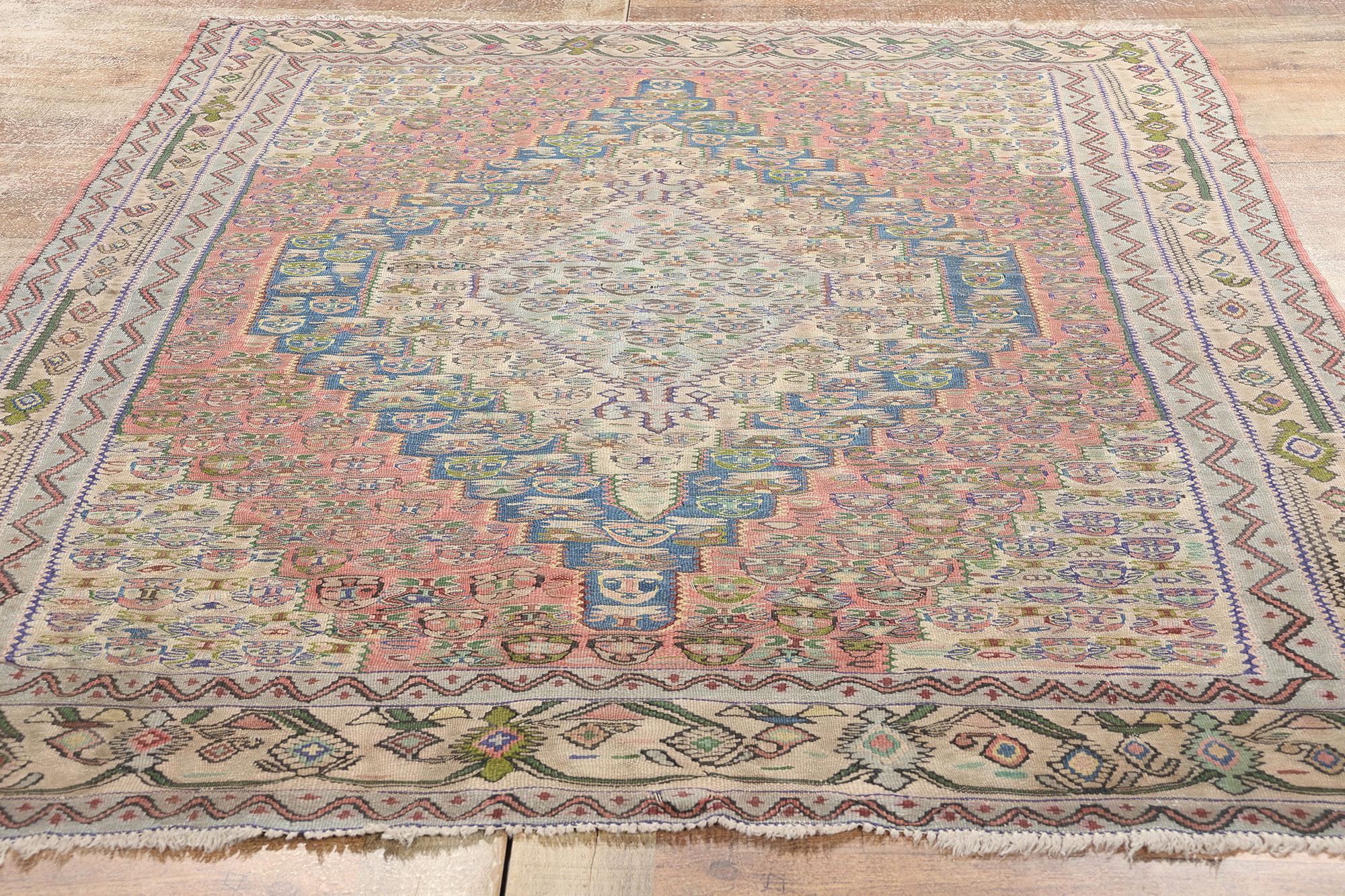 Vintage Persian Floral Bijar Kilim Rug, Bidjar Flatweave Carpet For Sale 2