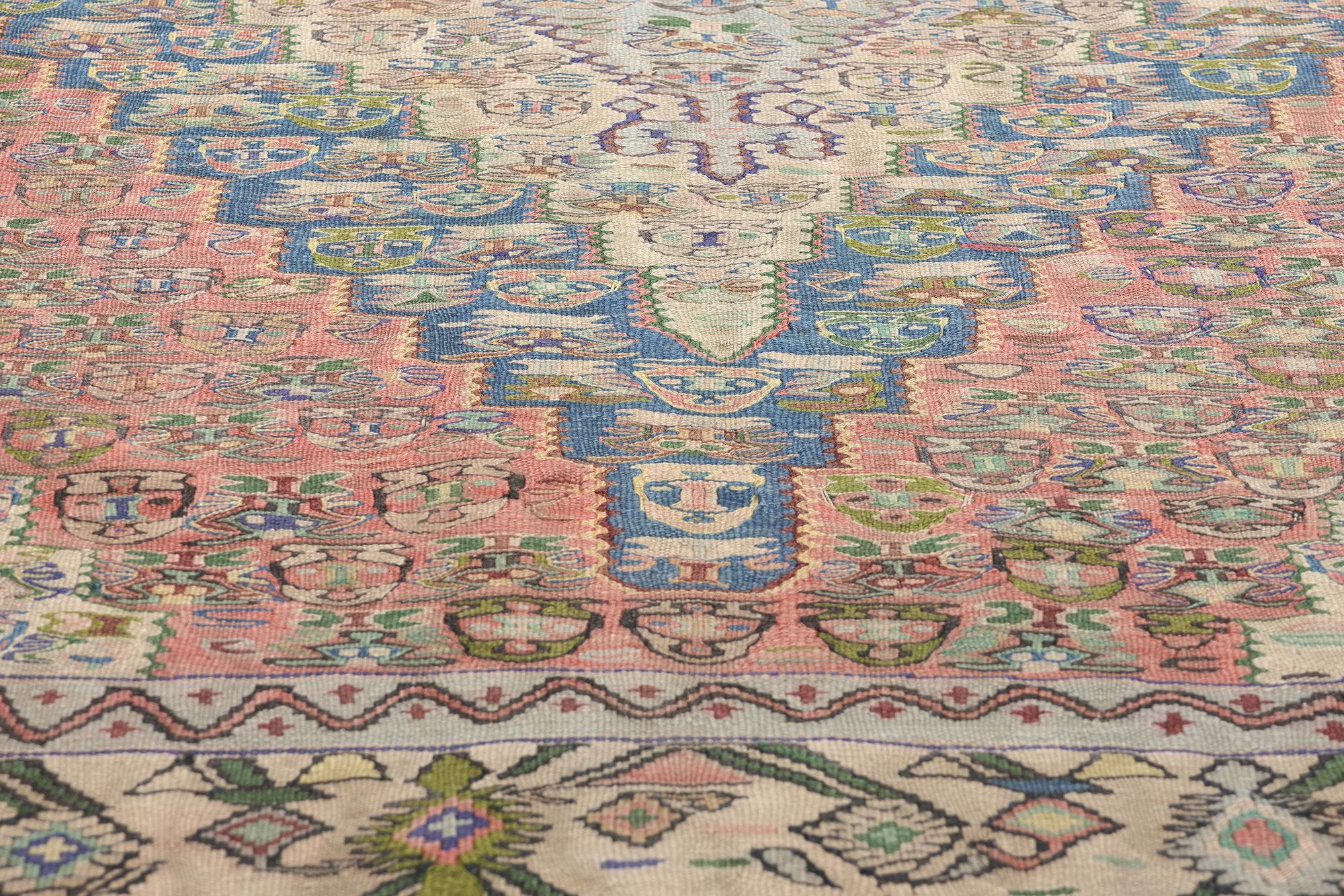 20th Century Vintage Persian Floral Bijar Kilim Rug, Bidjar Flatweave Carpet For Sale