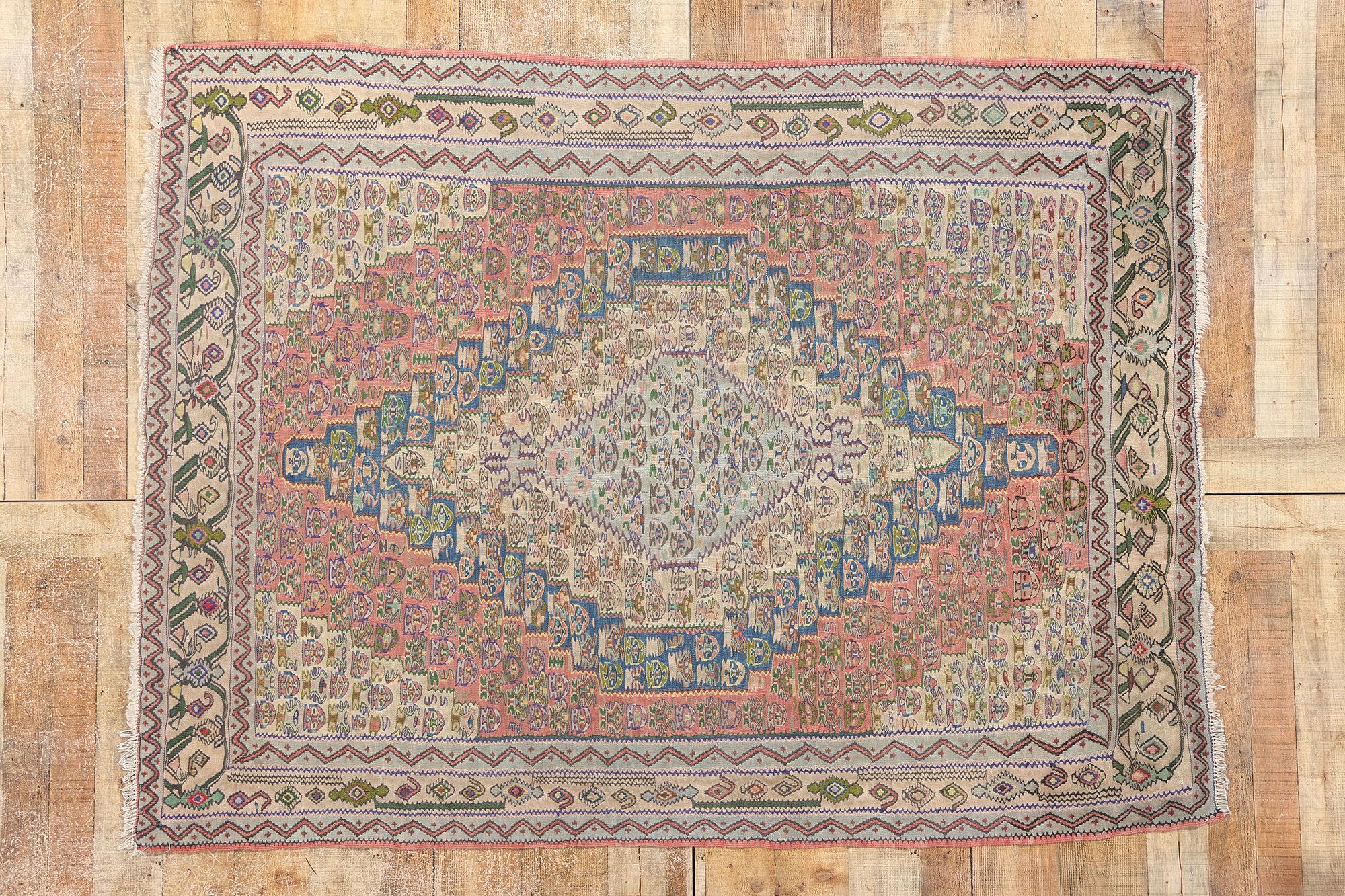 Vintage Persian Floral Bijar Kilim Rug, Bidjar Flatweave Carpet For Sale 3