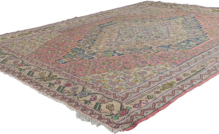 78213 Vintage Persian Bijar Kilim rug with cottage style 4'10 x 6'00. Effortless beauty and simplicity, this hand-woven wool vintage Persian Bijar kilim rug gives a lively and light hearted feel with its bucolic charm. The abrashed field features a
