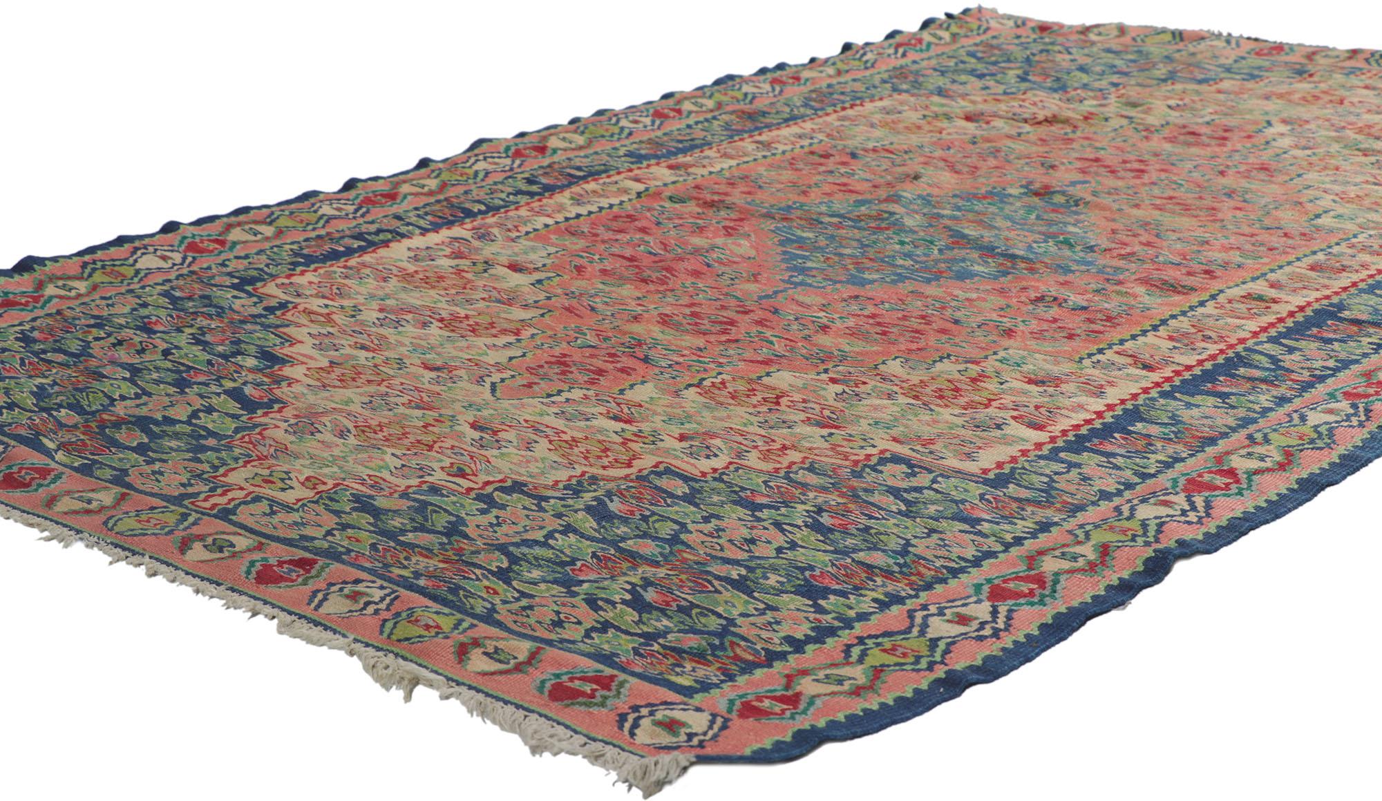 78212 vintage Persian Bijar Kilim rug with Cottage Style 03'11 x 06'04. Effortless beauty and simplicity, this hand-woven wool vintage Persian Bijar kilim rug gives a lively and light hearted feel with its bucolic charm. The abrashed field features