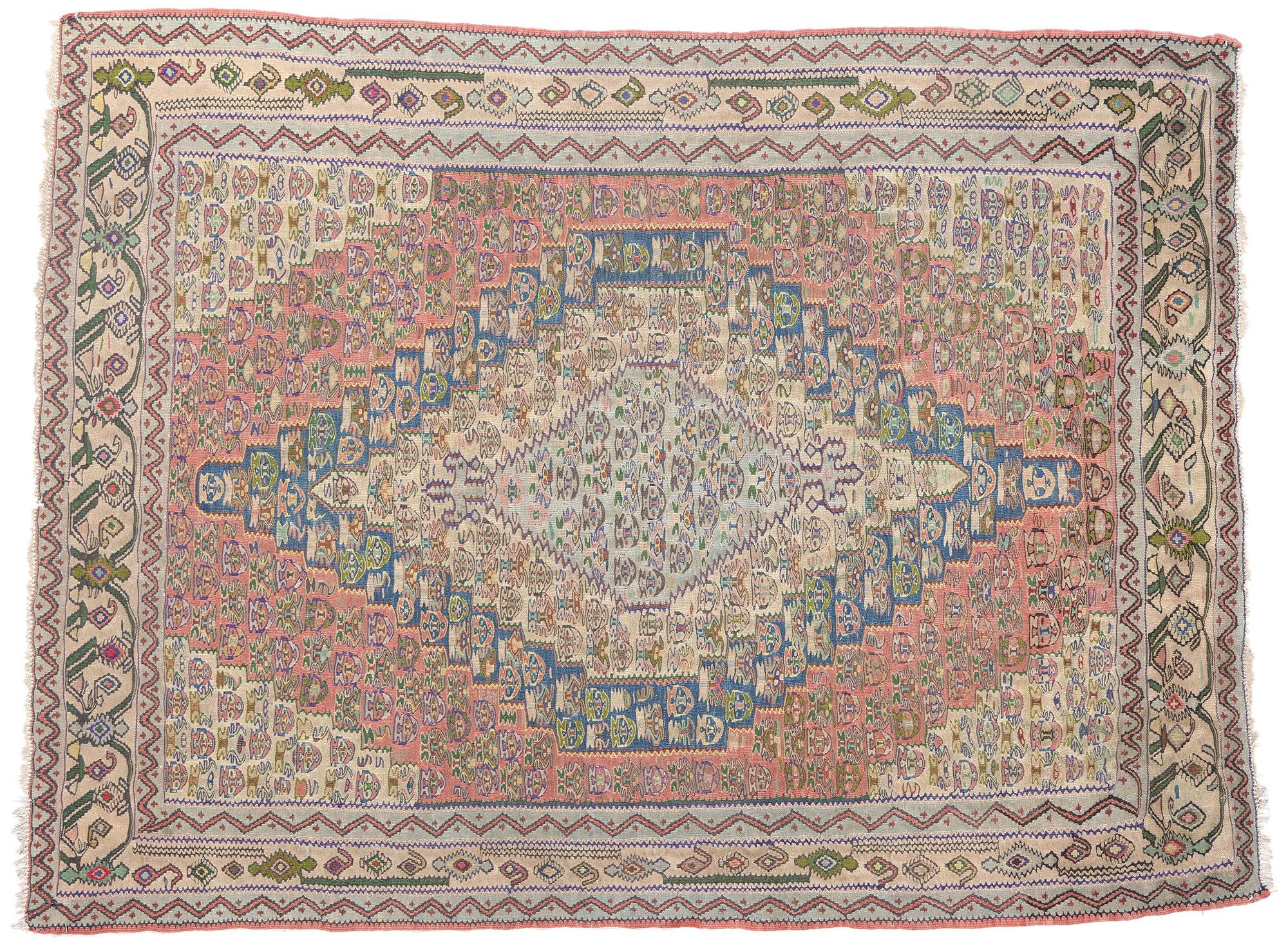 Vintage Persian Floral Bijar Kilim Rug, Bidjar Flatweave Carpet For Sale 4