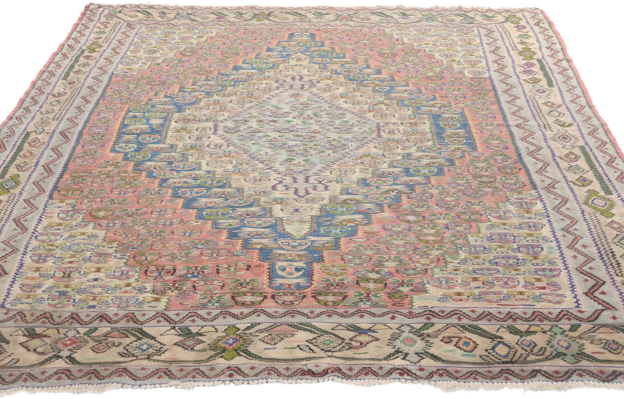 Hand-Woven Vintage Persian Floral Bijar Kilim Rug, Bidjar Flatweave Carpet For Sale