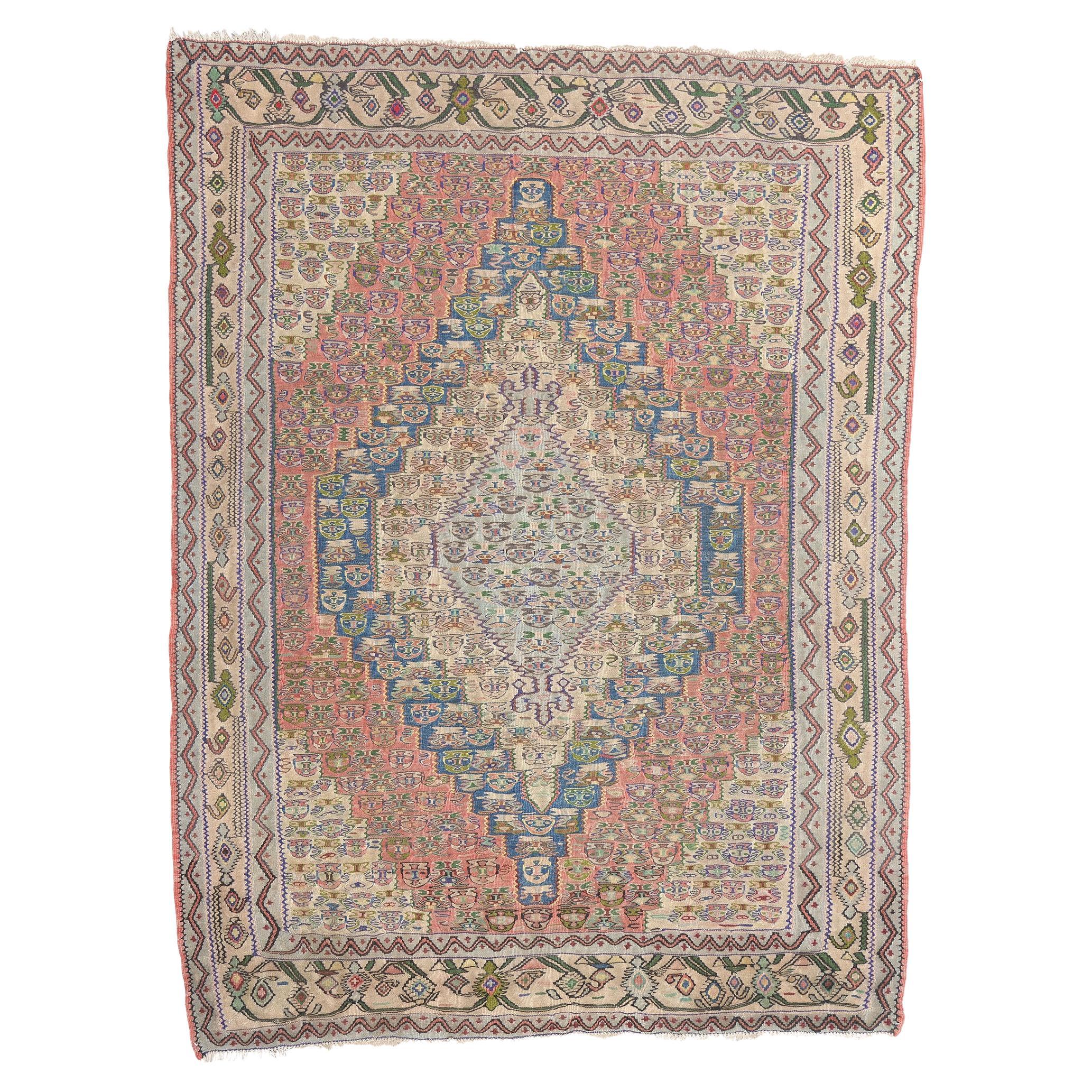 Vintage Persian Floral Bijar Kilim Rug, Bidjar Flatweave Carpet For Sale