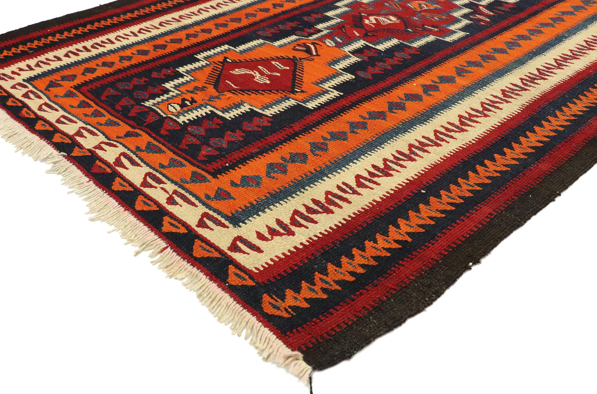 70469, vintage Persian Bijar Kilim rug with modern Northwestern tribal style. With its bold expressive design, incredible detail and texture, this vintage Persian Bijar kilim rug is a captivating vision of woven beauty. It features an all-over