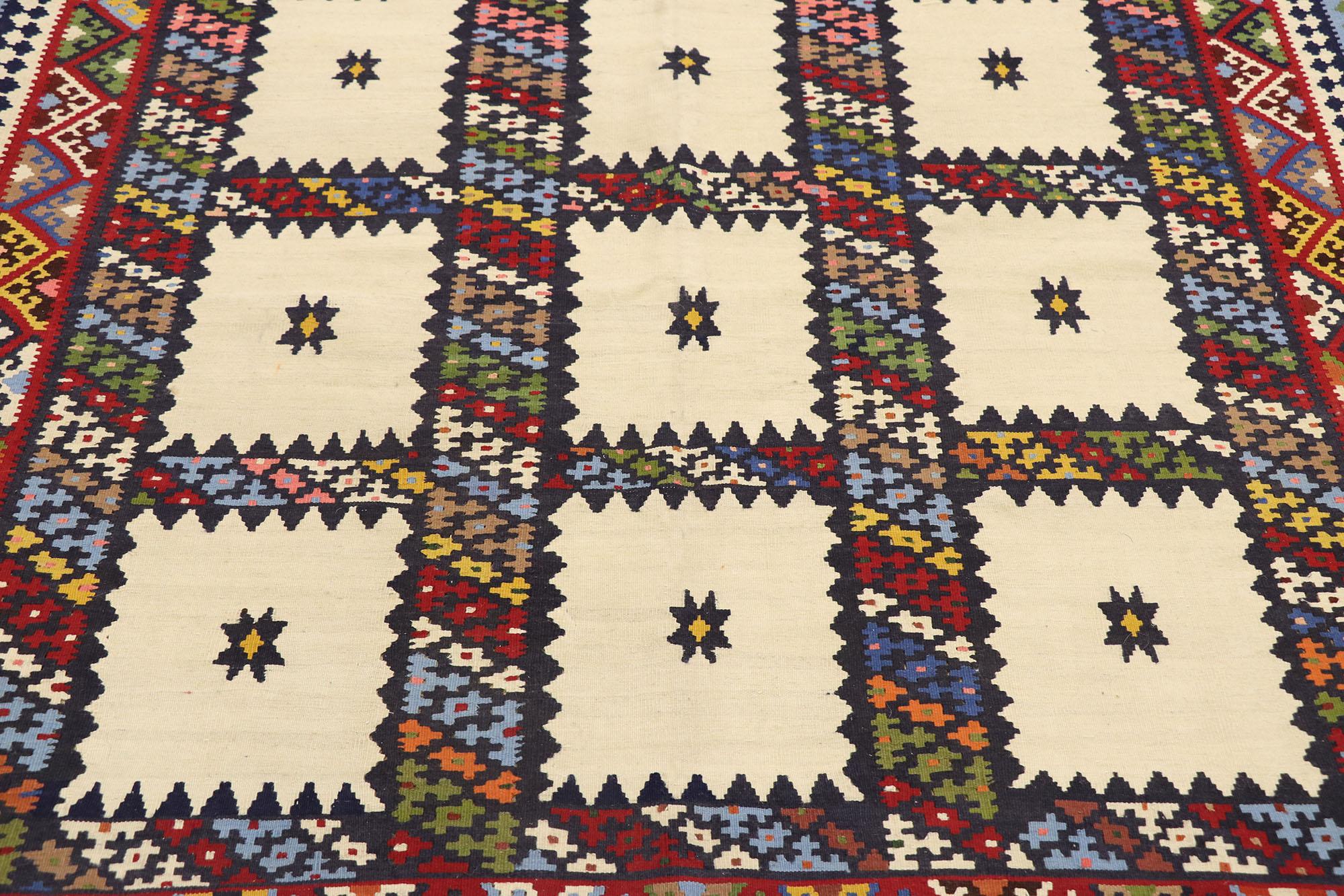 Vintage Persian Bijar Kilim Rug, Tribal Enchantment Meets Nomadic Charm In Good Condition For Sale In Dallas, TX