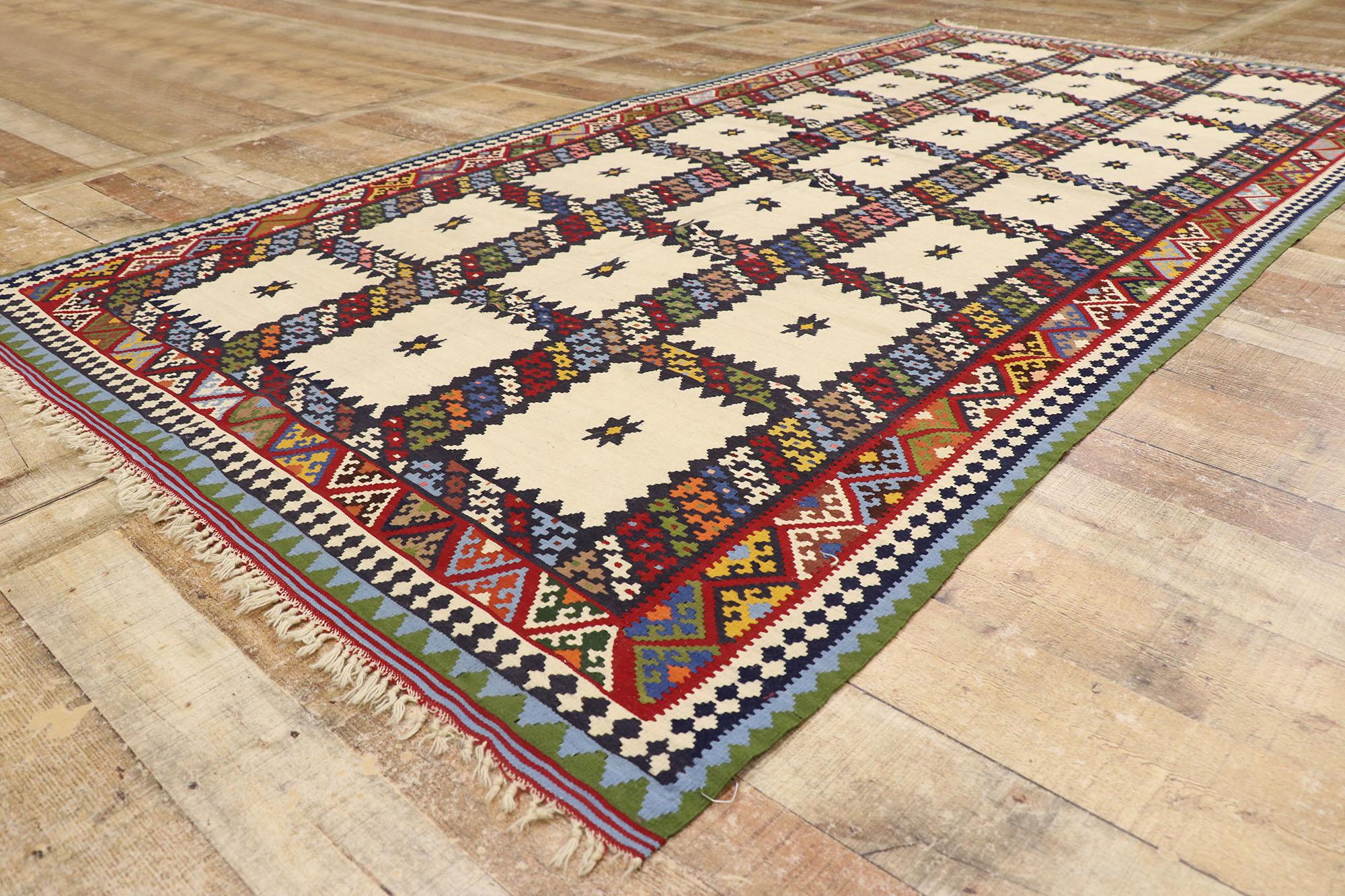 Wool Vintage Persian Bijar Kilim Rug, Tribal Enchantment Meets Nomadic Charm For Sale
