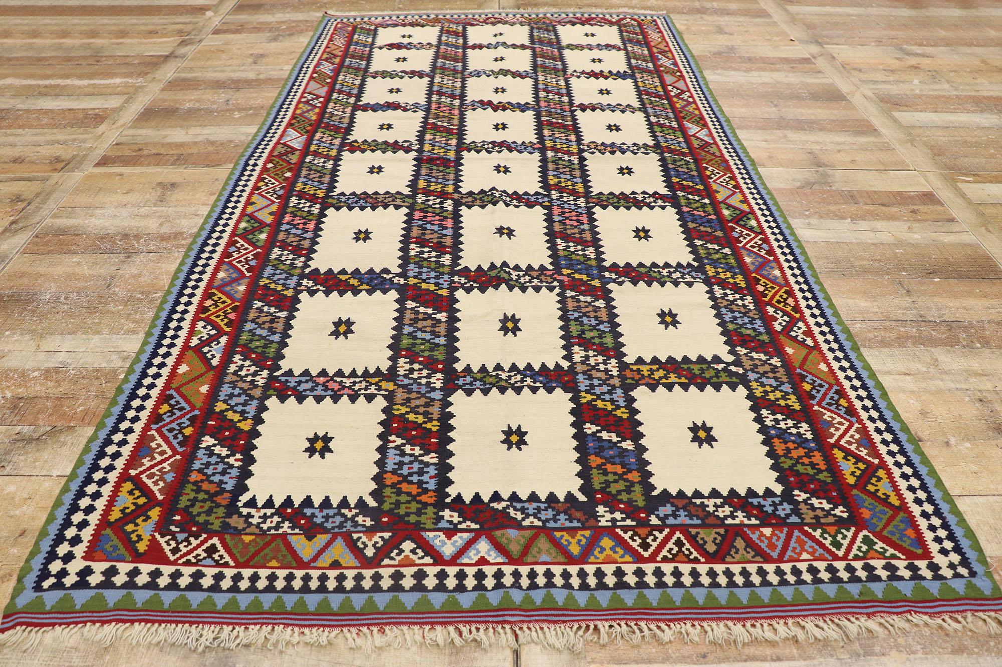Vintage Persian Bijar Kilim Rug, Tribal Enchantment Meets Nomadic Charm For Sale 1