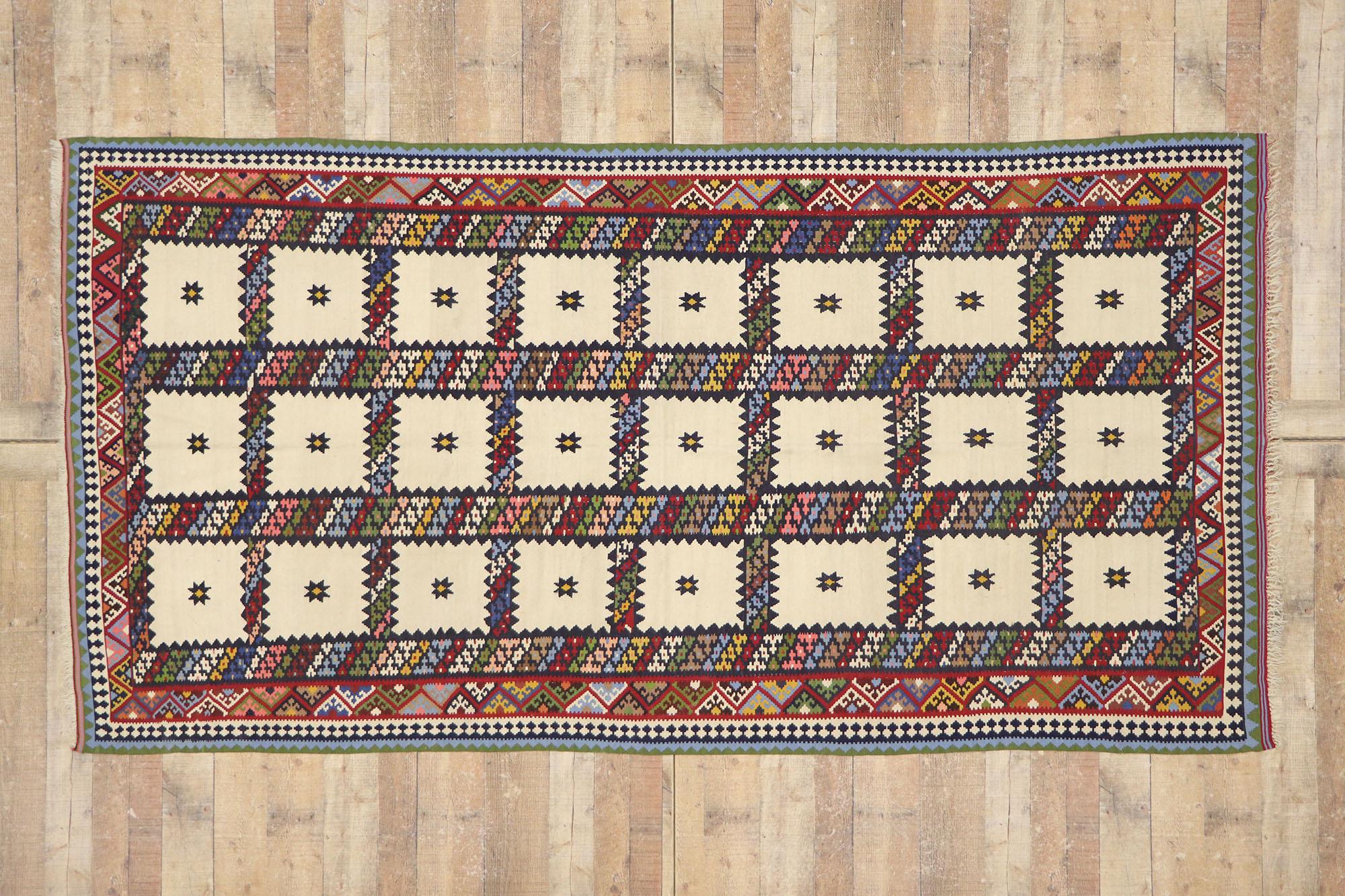 Vintage Persian Bijar Kilim Rug, Tribal Enchantment Meets Nomadic Charm For Sale 2