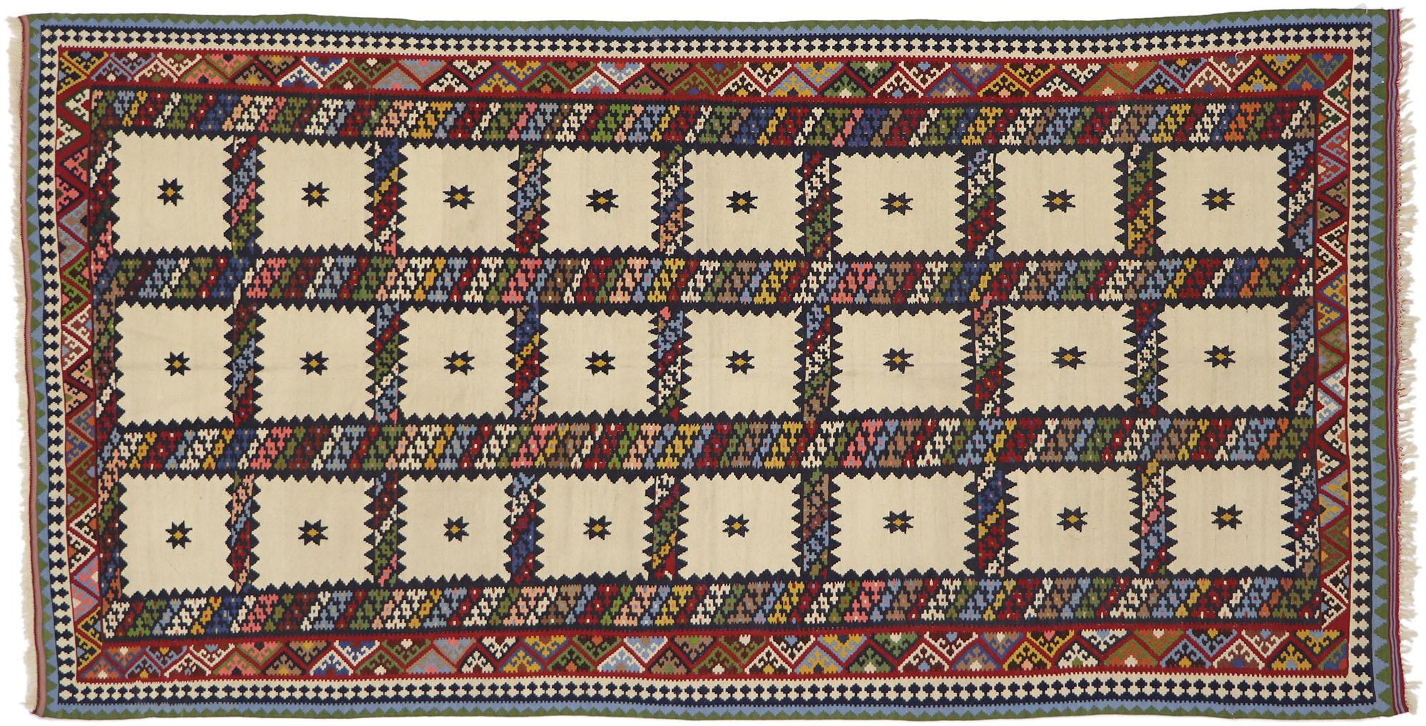 Vintage Persian Bijar Kilim Rug, Tribal Enchantment Meets Nomadic Charm For Sale 3