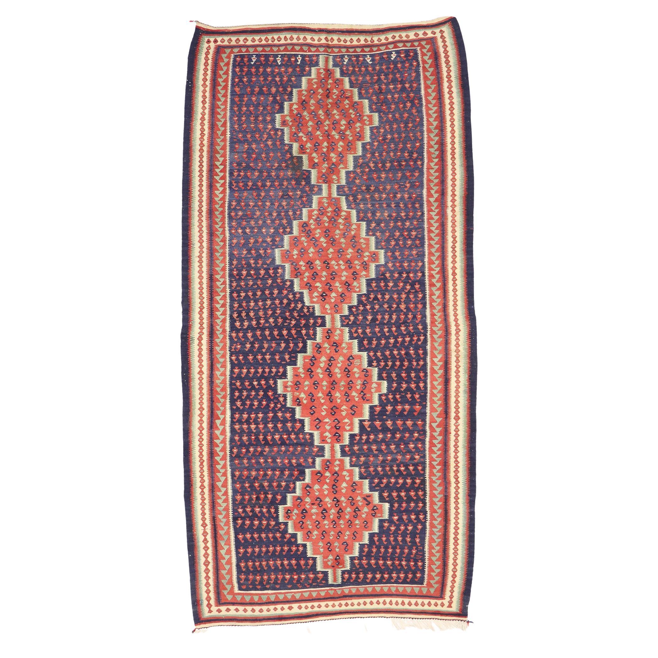 Persischer Bijar-Kelim-Teppich im Vintage-Stil, Nomaden-Charm auf Stammes-Enchantment trifft