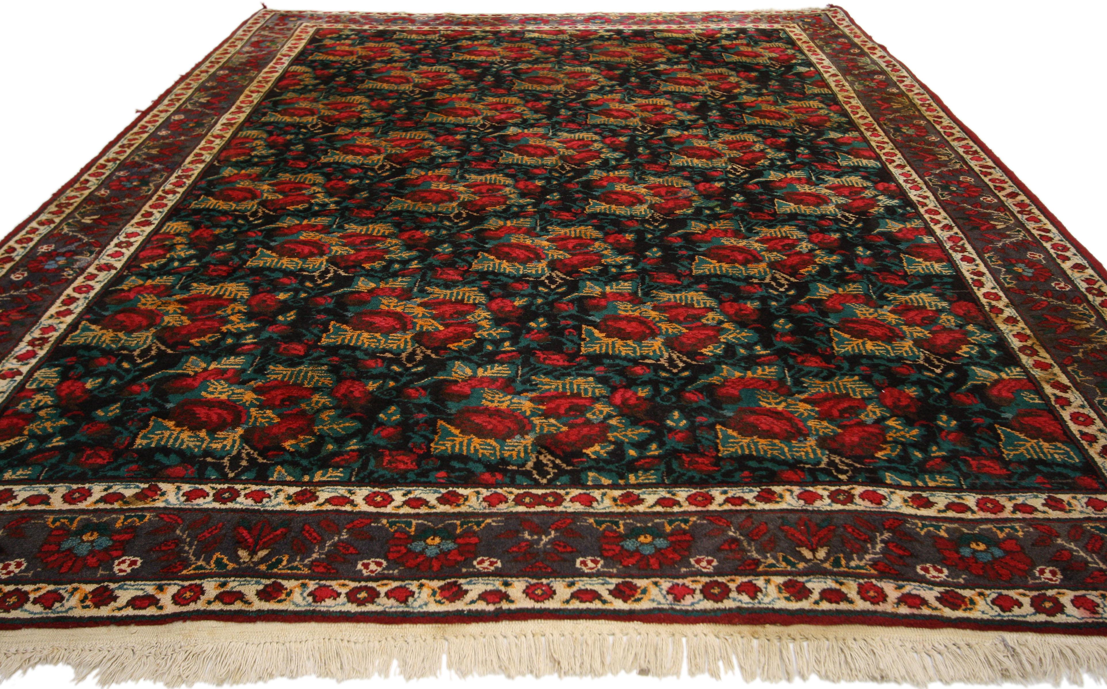 Hand-Knotted Vintage Persian Bijar Rug with Red Roses and Begonias with Traditional Style For Sale