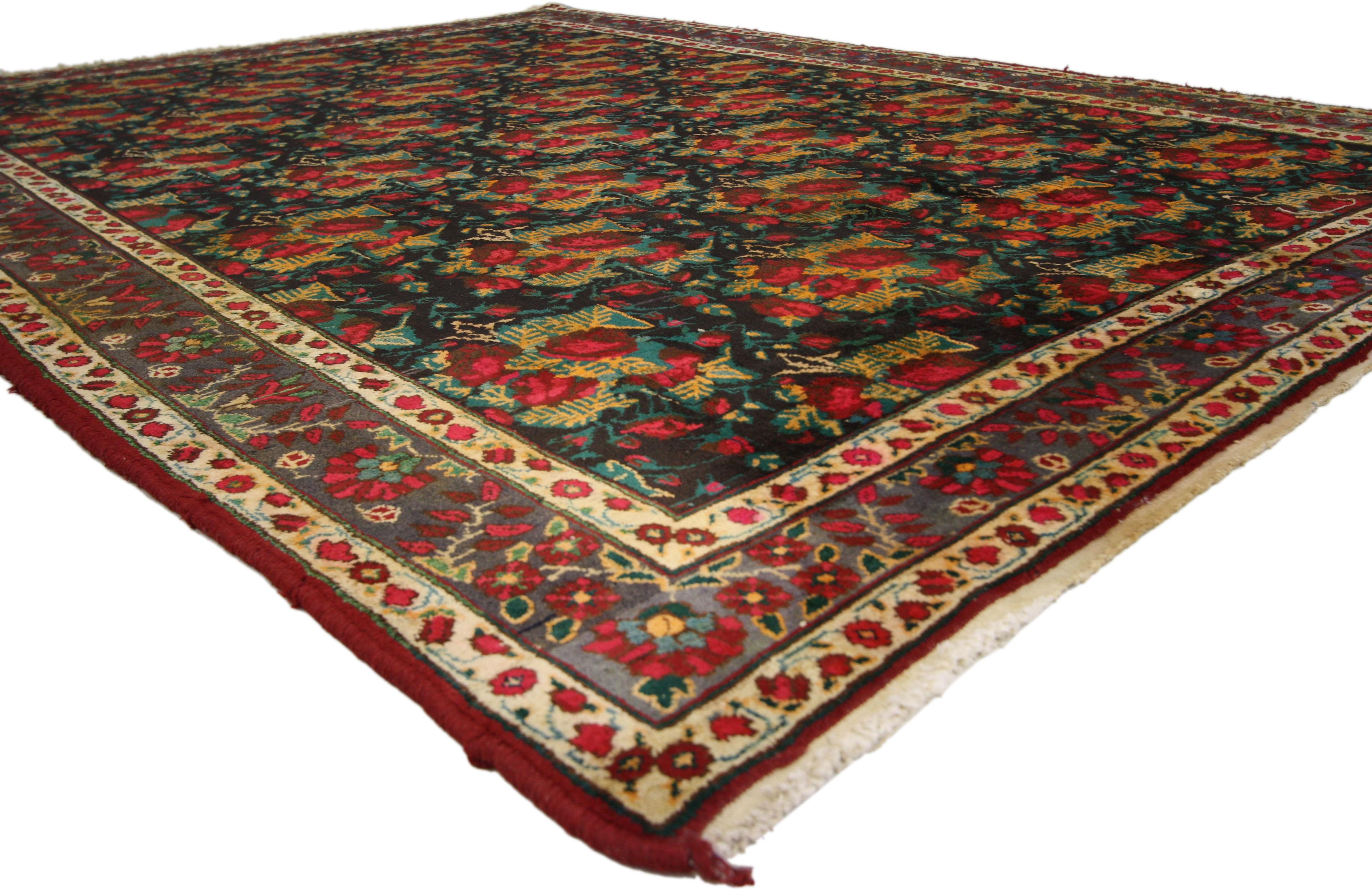 Modern Vintage Persian Bijar Rug with Red Roses and Begonias with Traditional Style For Sale