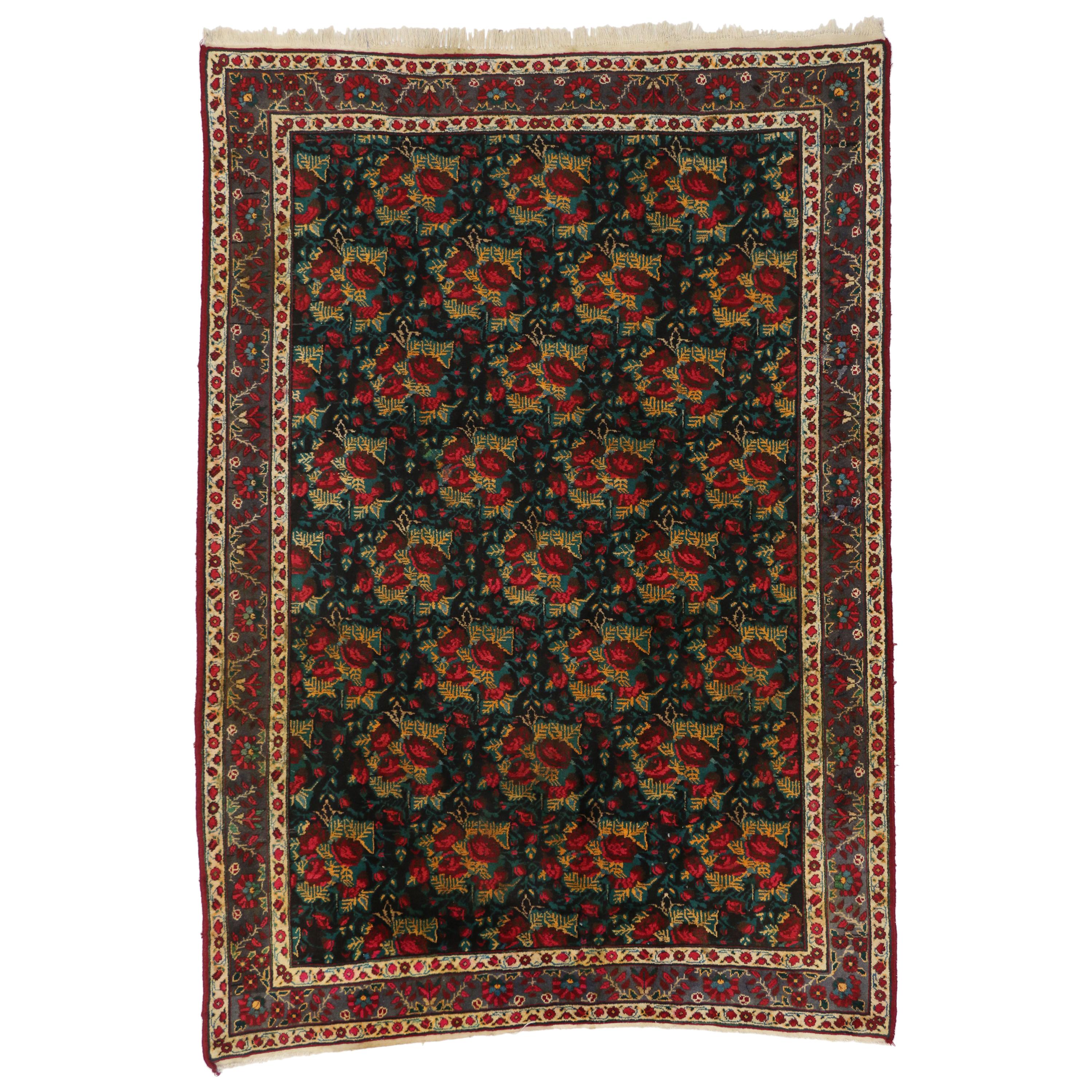 Vintage Persian Bijar Rug with Red Roses and Begonias with Traditional Style For Sale