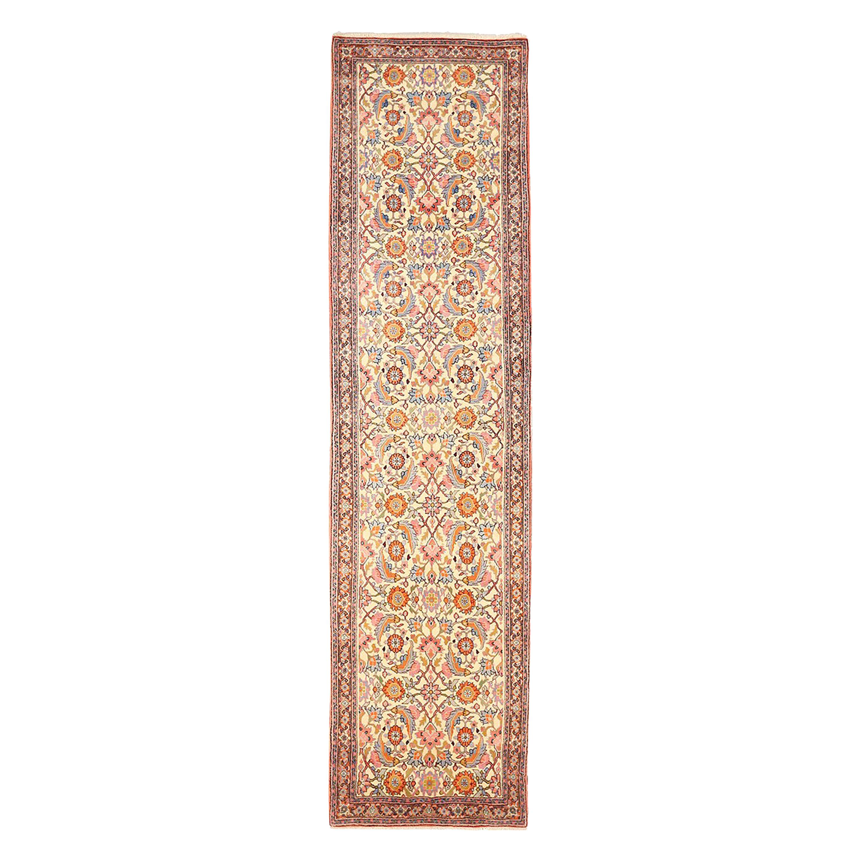 Vintage Persian Bijar Runner Rug with Pink and Gray Floral Patterns For Sale