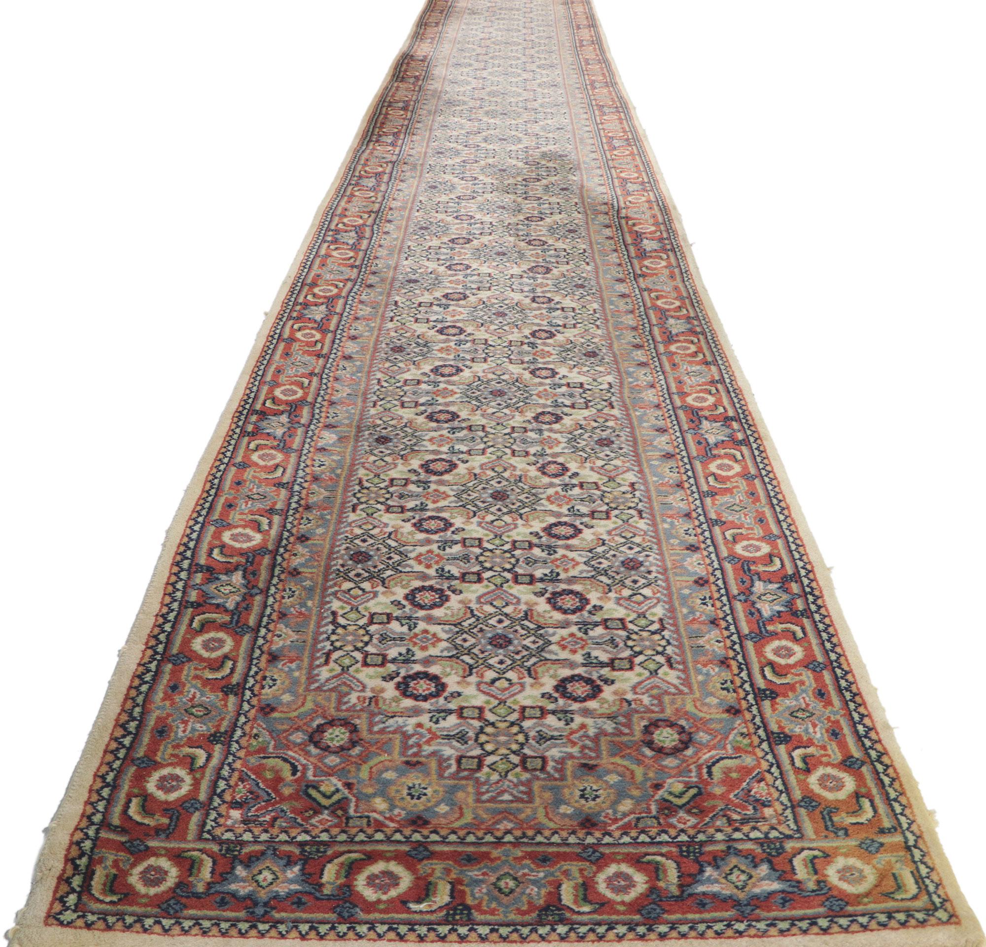 Hand-Knotted Vintage Persian Bijar Style Indian Runner with Herati Design For Sale