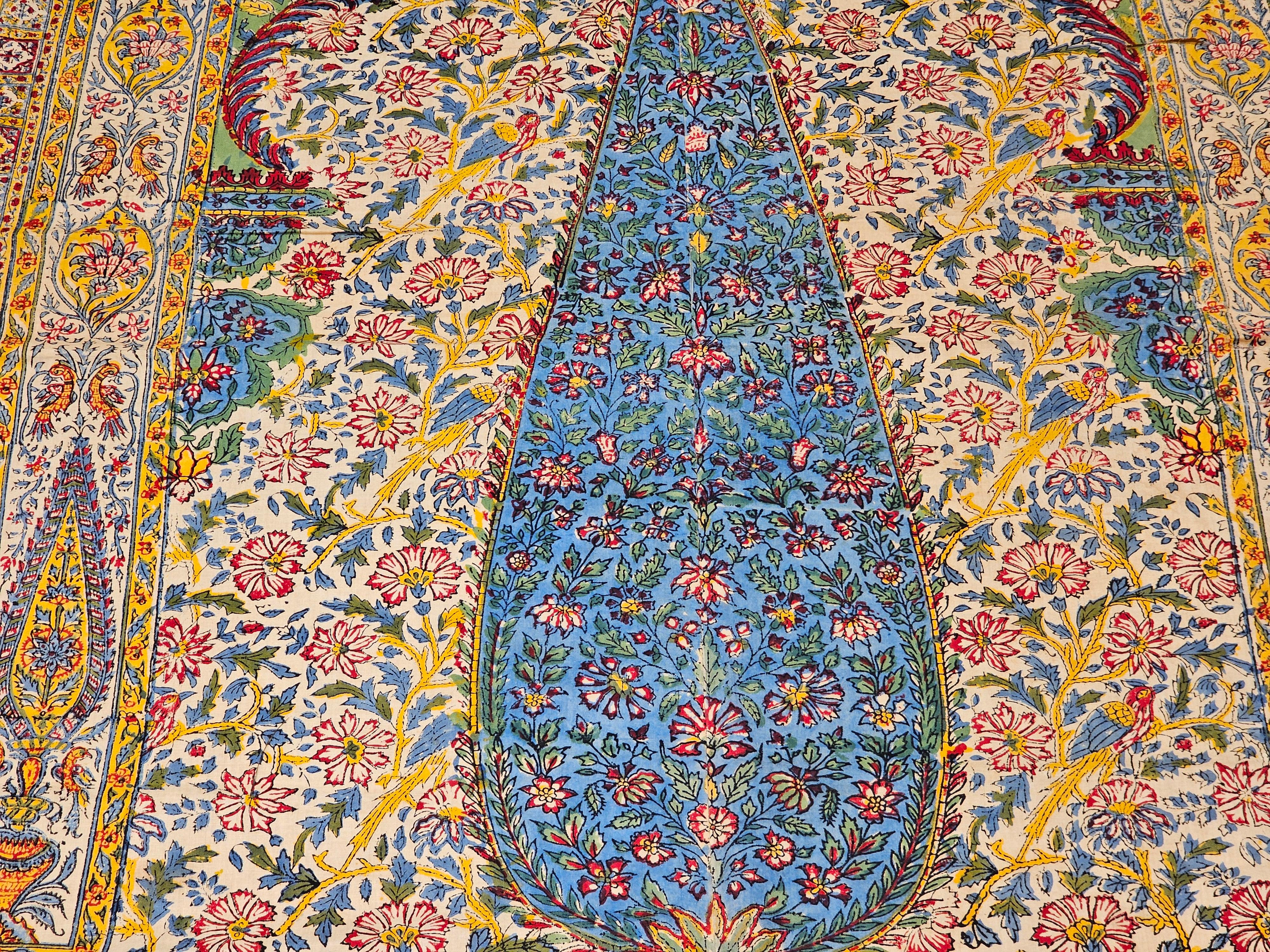 Vintage Persian Block Print (Kalamkari) Textile in Ivory, Yellow, Green, Blue For Sale 4