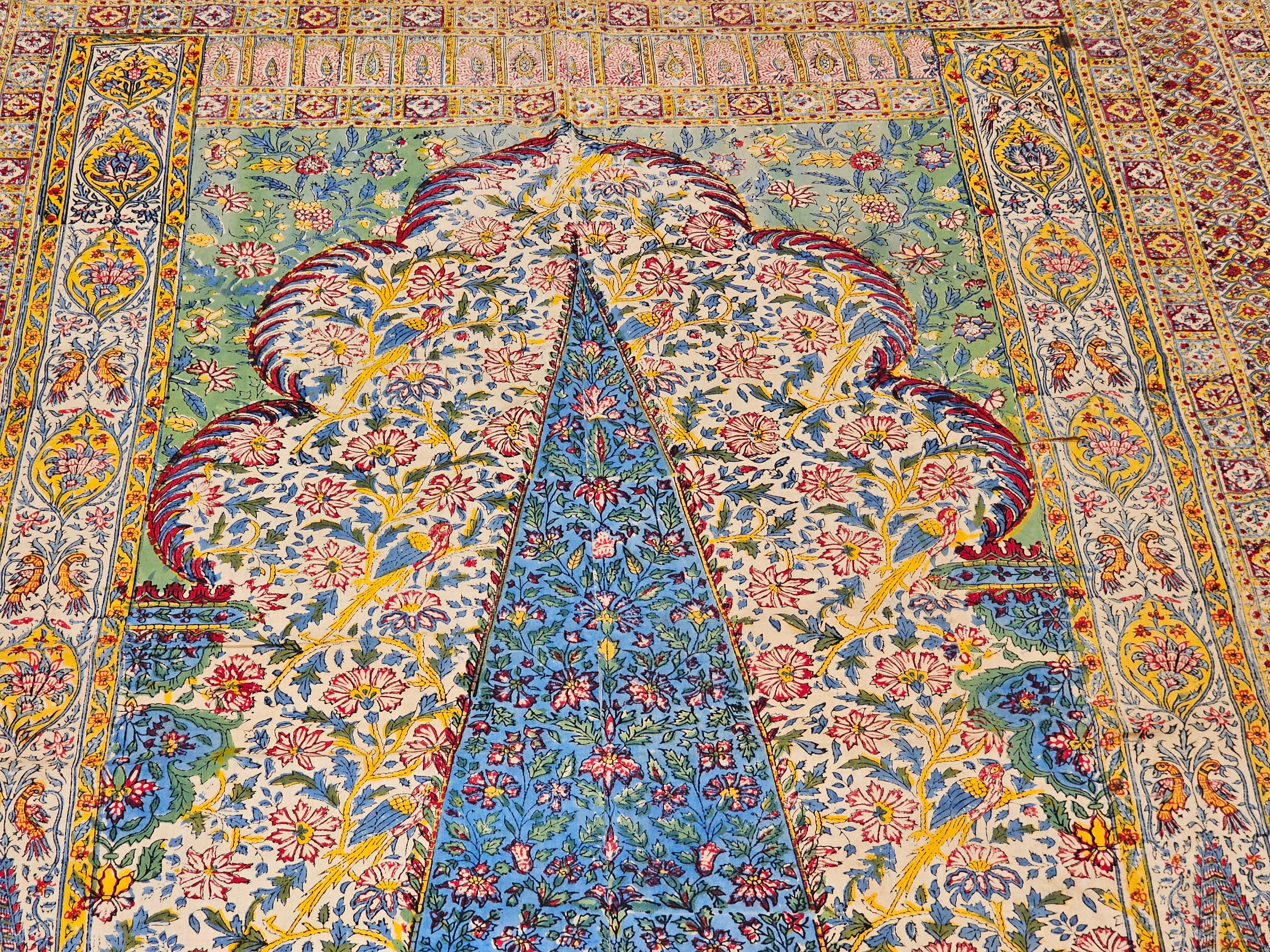 Vintage Persian Block Print (Kalamkari) Textile in Ivory, Yellow, Green, Blue For Sale 5