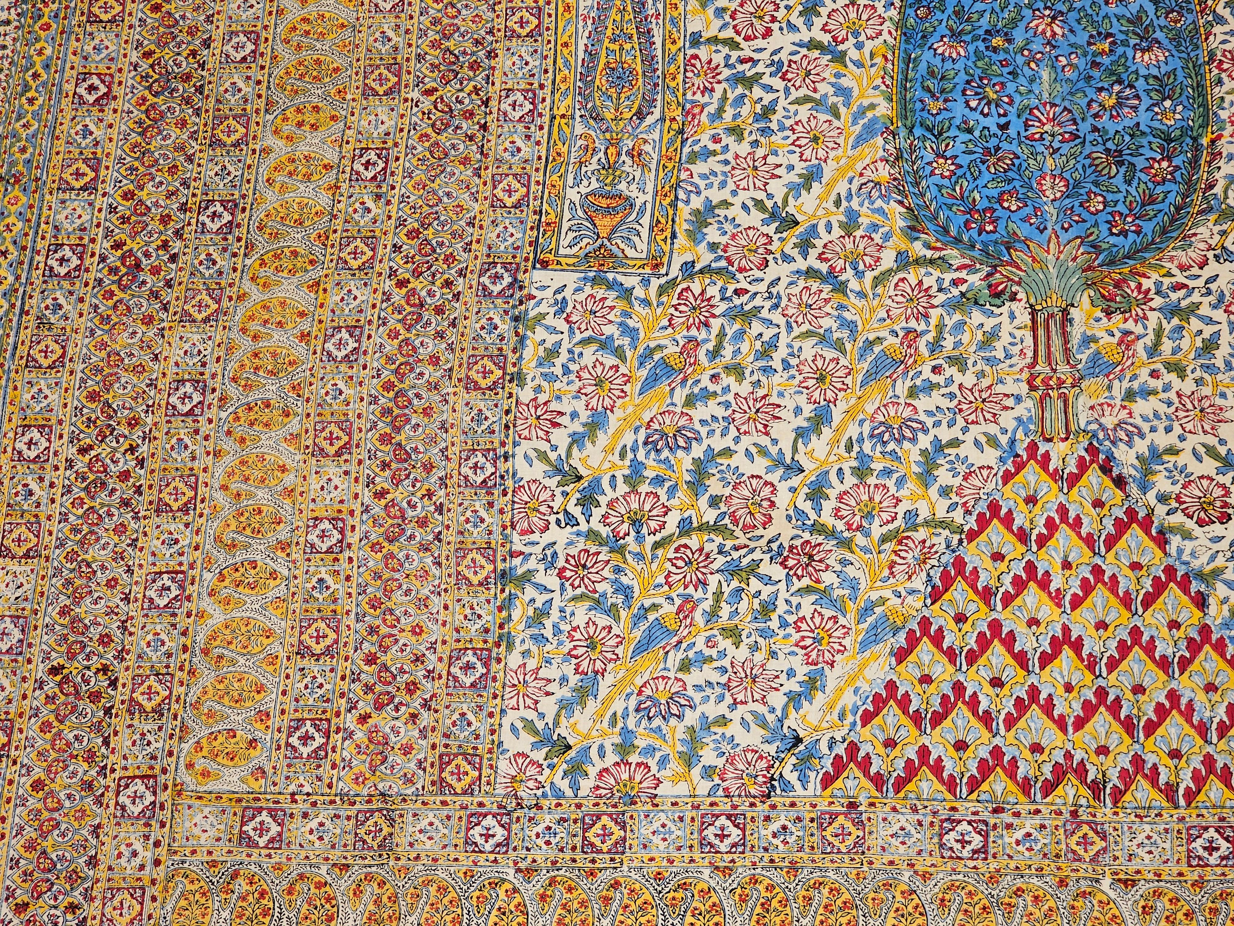 Vintage Persian Block Print (Kalamkari) Textile in Ivory, Yellow, Green, Blue For Sale 6