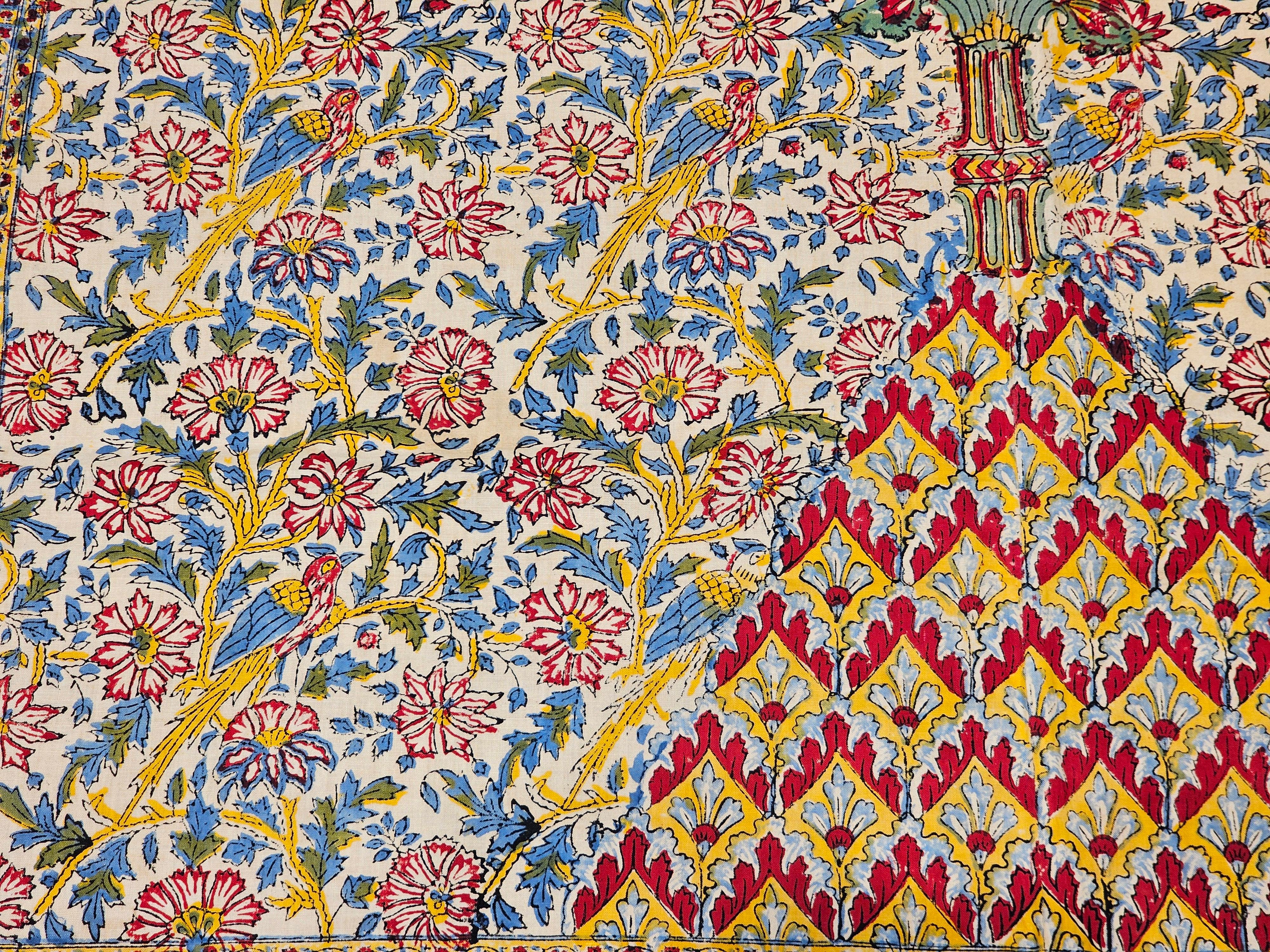 Vintage Persian Block Print (Kalamkari) Textile in Ivory, Yellow, Green, Blue For Sale 7
