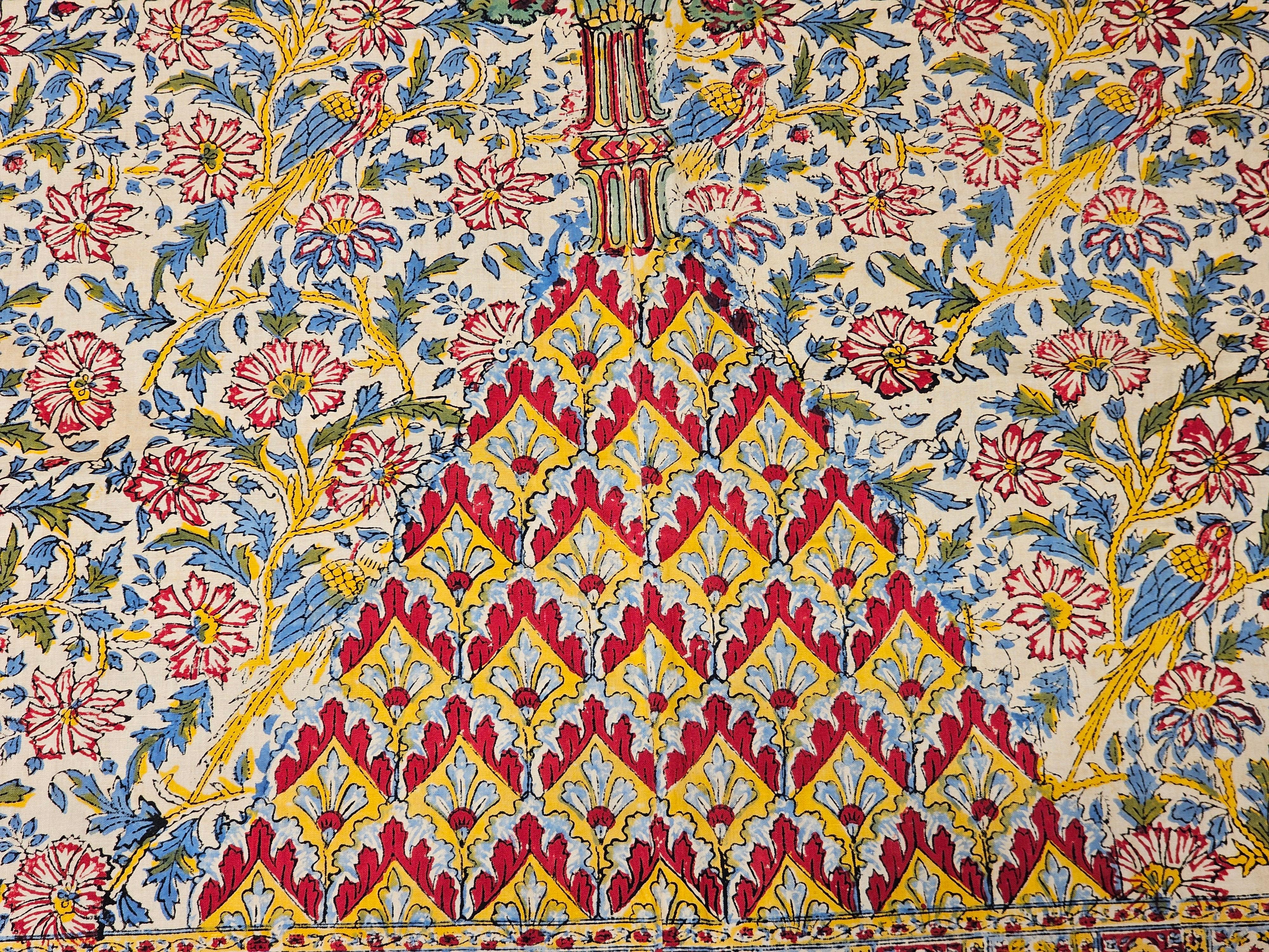 Vintage Persian Block Print (Kalamkari) Textile in Ivory, Yellow, Green, Blue For Sale 8