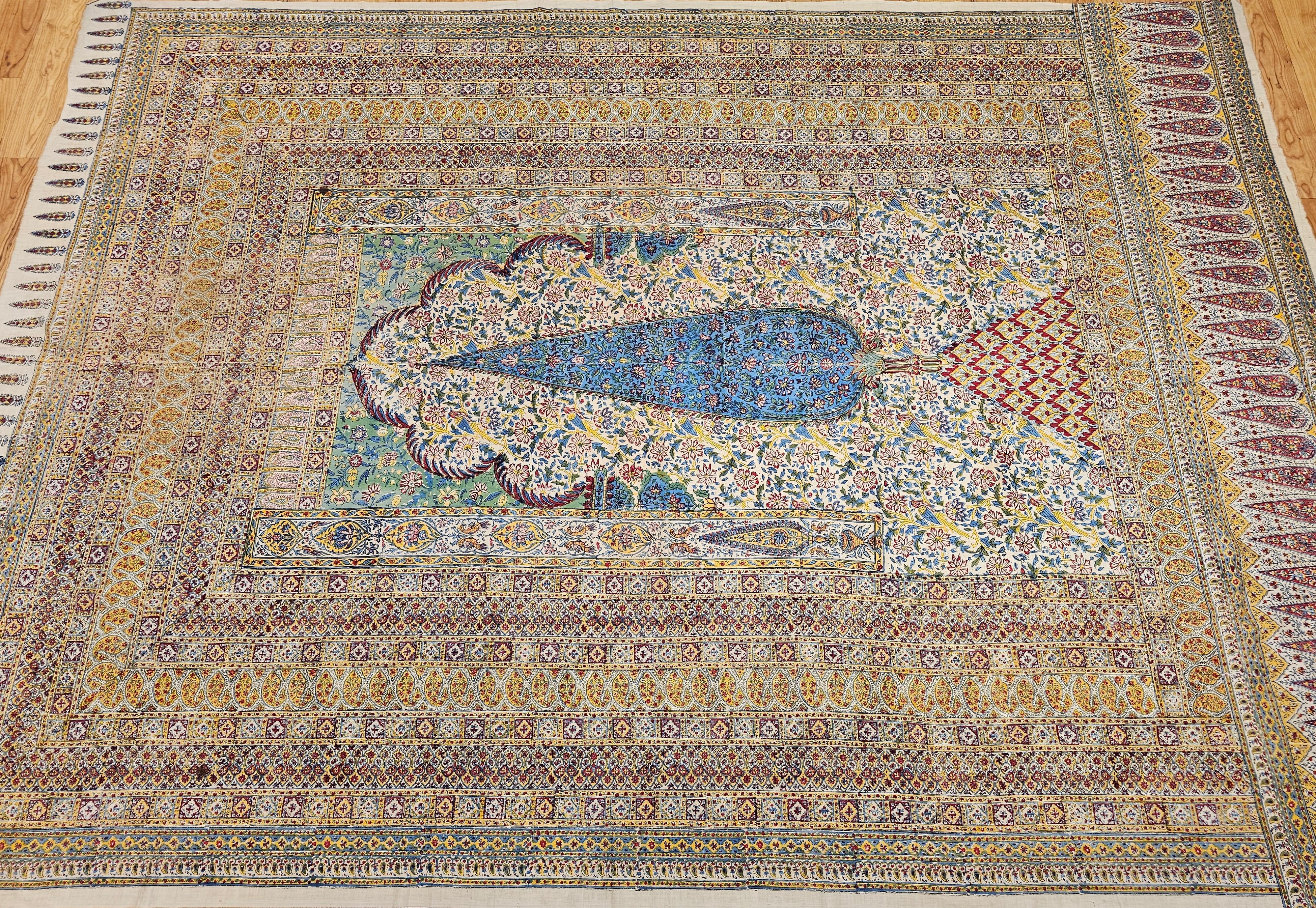 Vintage Persian Block Print (Kalamkari) Textile in Ivory, Yellow, Green, Blue For Sale 10