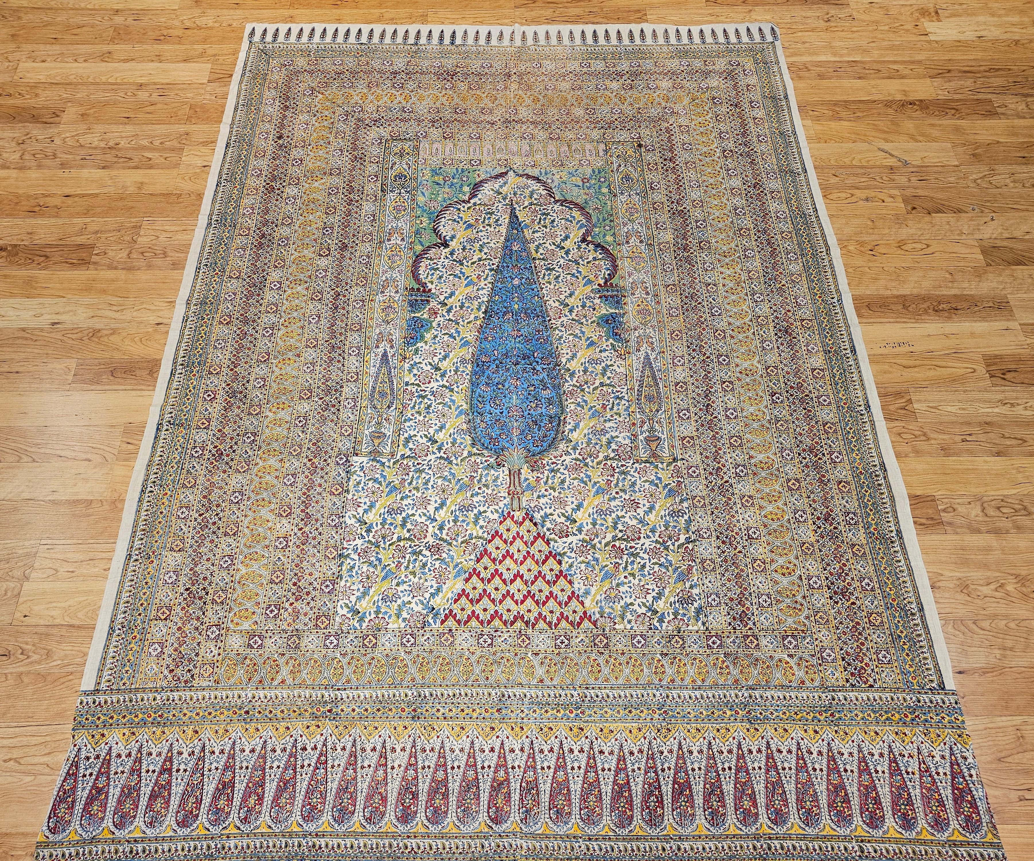 Vintage Persian Block Print (Kalamkari) Textile in Ivory, Yellow, Green, Blue For Sale 12