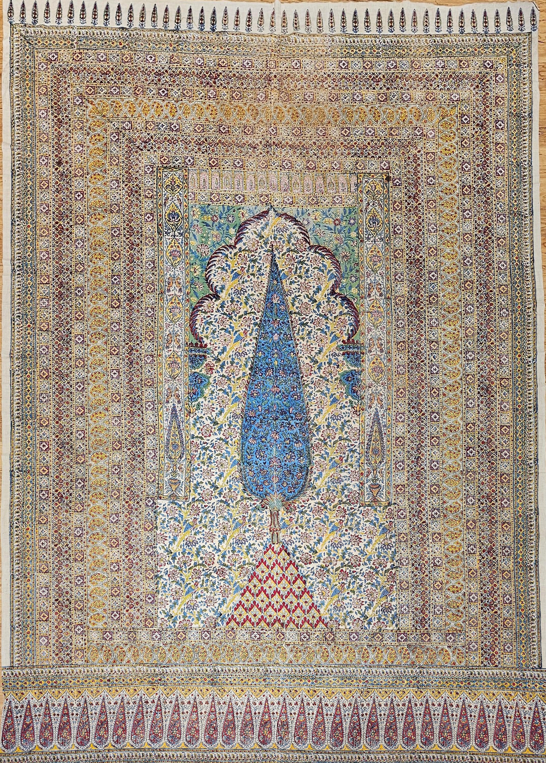Vintage Persian Block Print (Kalamkari) Textile in Ivory, Yellow, Green, Blue For Sale 14
