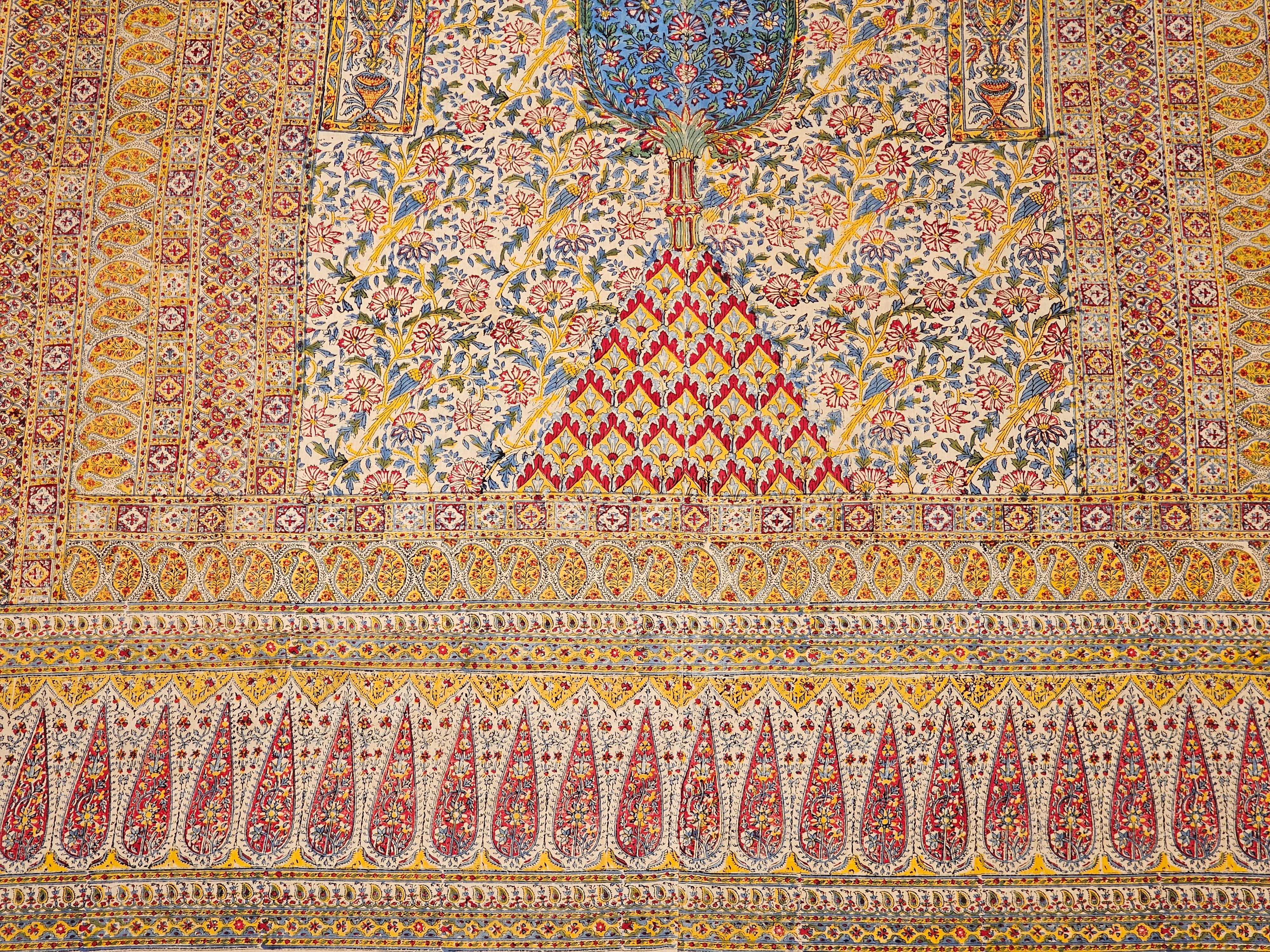 Vegetable Dyed Vintage Persian Block Print (Kalamkari) Textile in Ivory, Yellow, Green, Blue For Sale
