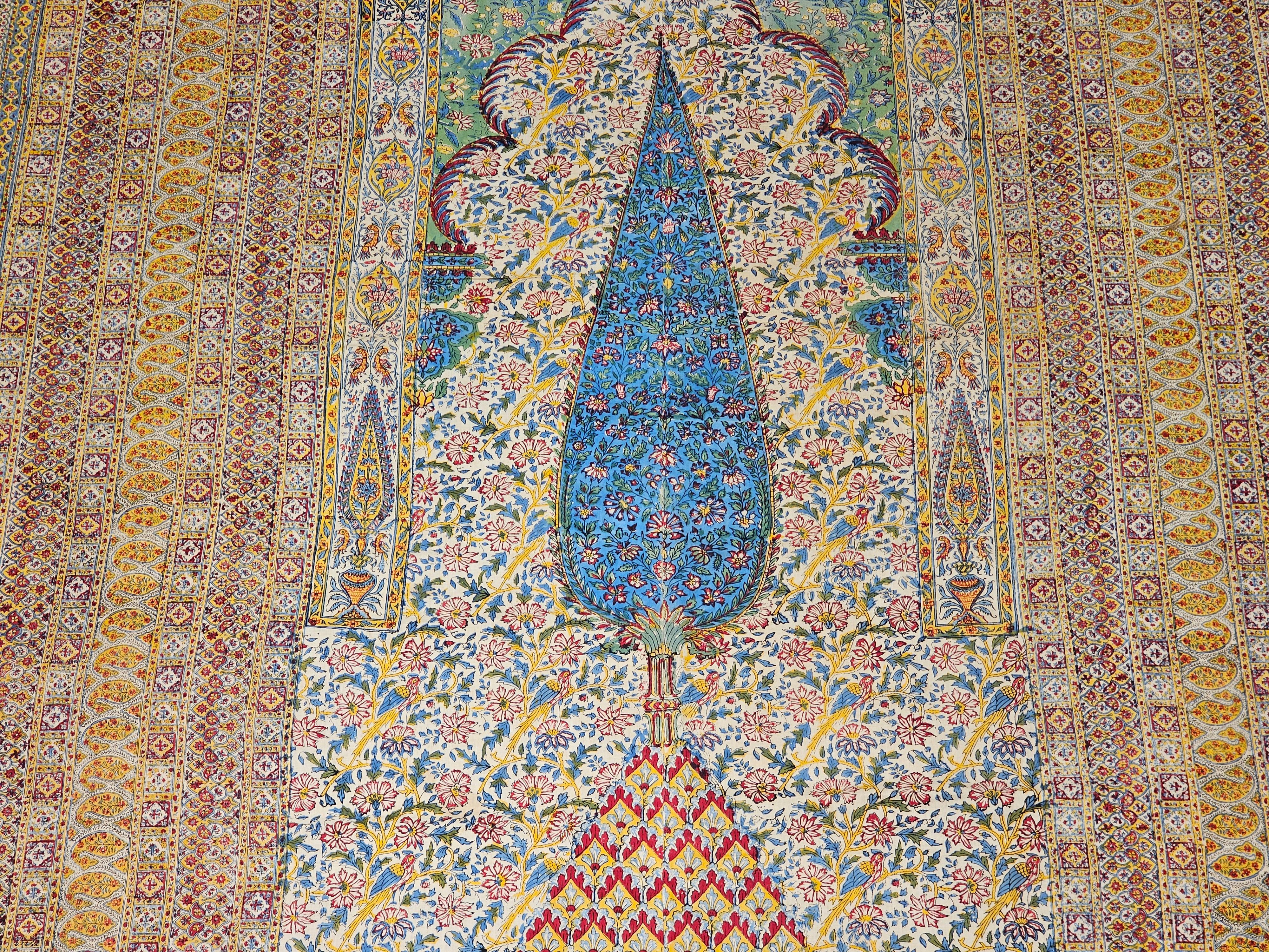 Vintage Persian Block Print (Kalamkari) Textile in Ivory, Yellow, Green, Blue In Good Condition For Sale In Barrington, IL