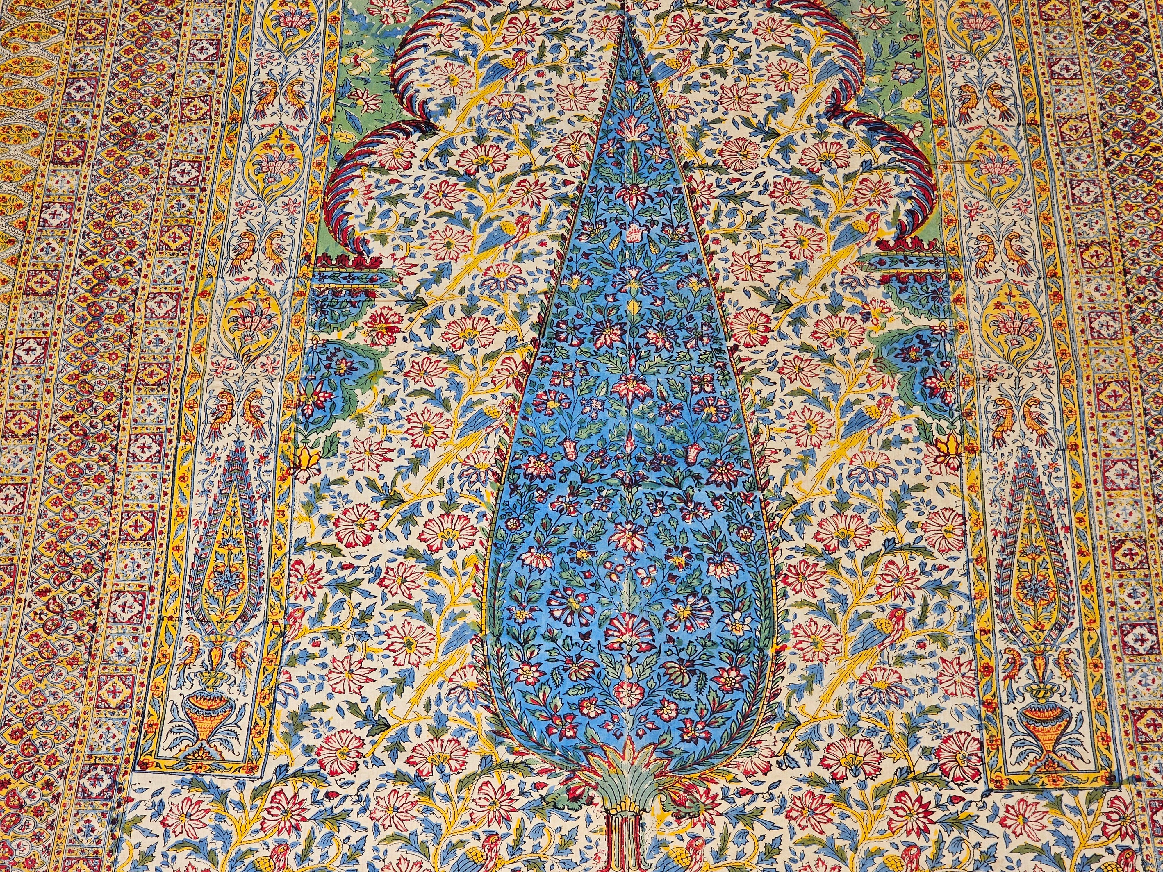 Vintage Persian Block Print (Kalamkari) Textile in Ivory, Yellow, Green, Blue For Sale 2