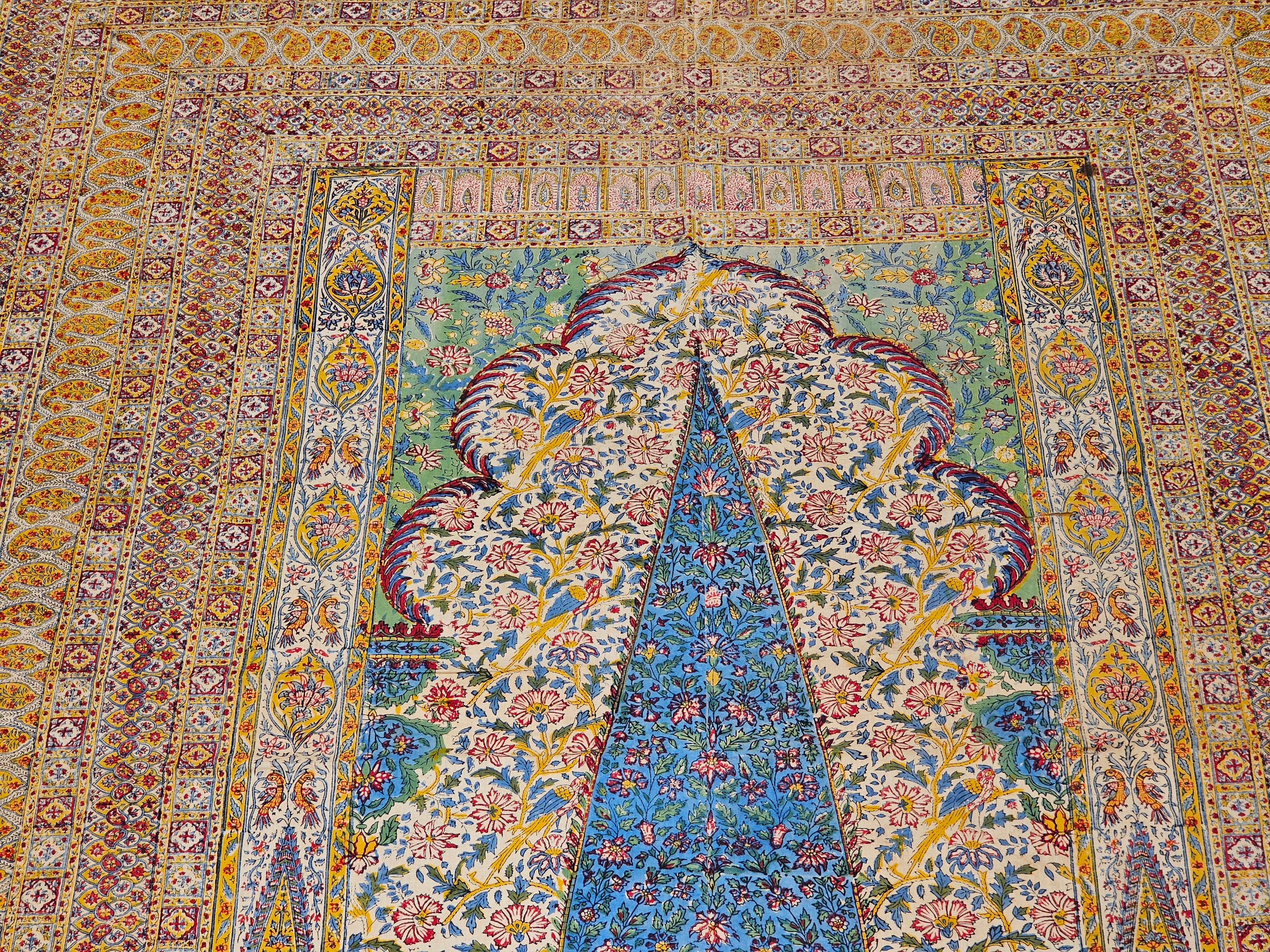 Vintage Persian Block Print (Kalamkari) Textile in Ivory, Yellow, Green, Blue For Sale 3