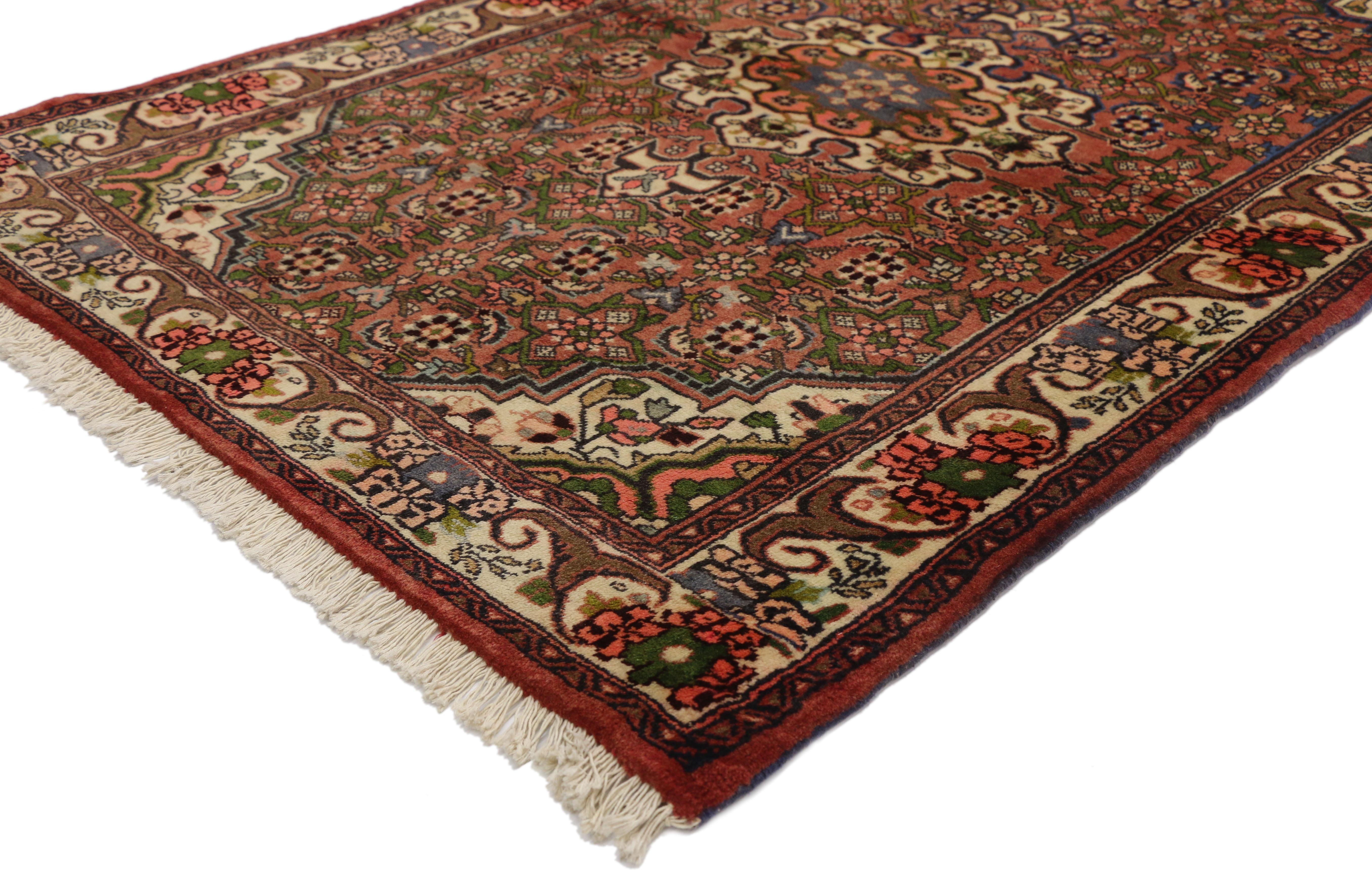 76057 Vintage Persian Borchelou Hamadan rug, Entry or Foyer rug. This hand knotted wool vintage Persian Borchelou Hamadan accent rug features a cusped round center medallion with anchor pendants surrounded by an all-over geometric floral pattern.