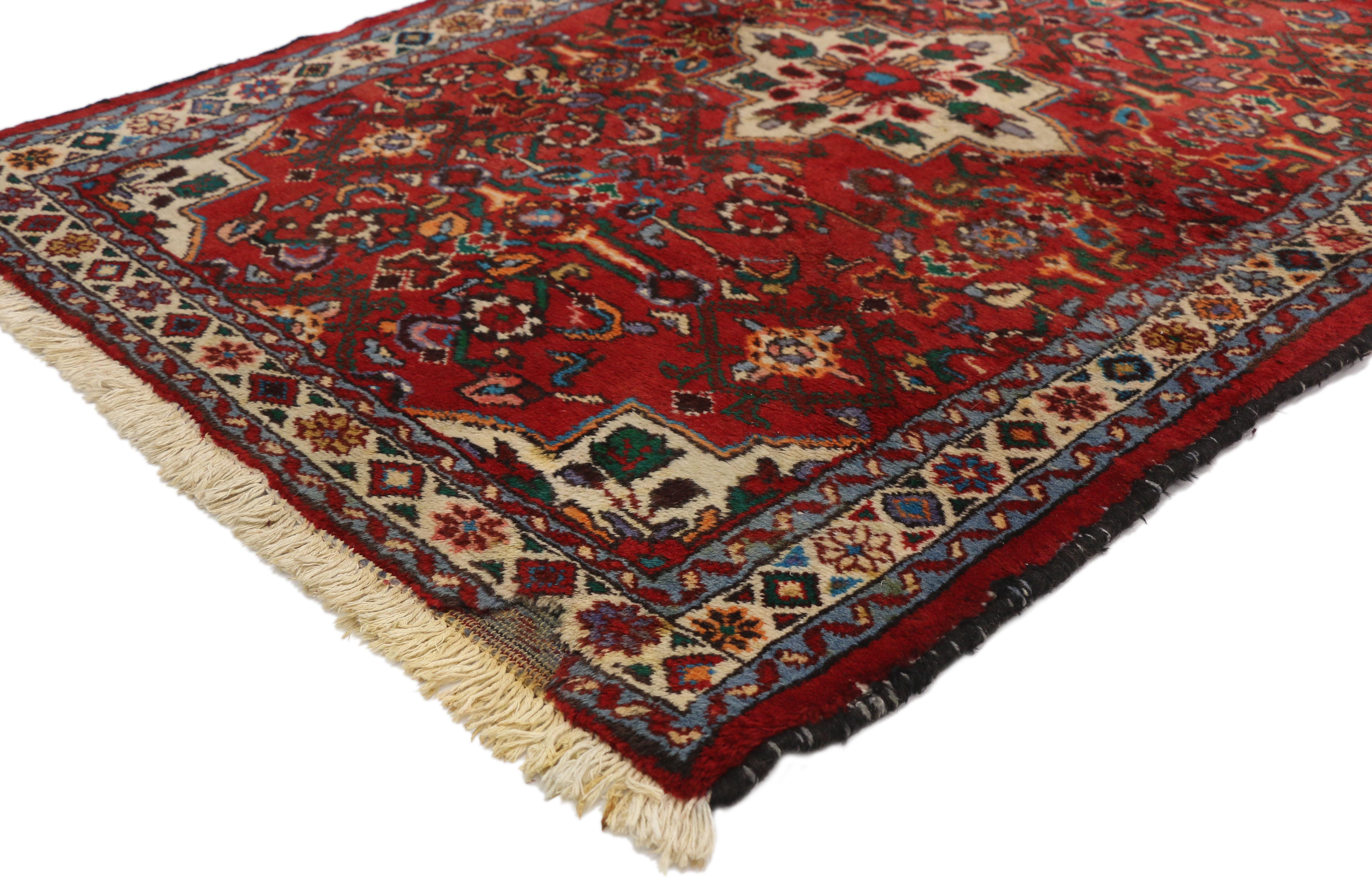 60272, vintage Persian Borchelou Hamadan rug - Entry or Foyer rug. This Vintage Persian Borchelou Rug is a gem. Luxurious and sumptuous this accent rug will charm guests at your entryway, hearth, or bedroom. Set with a humble white diamond with red