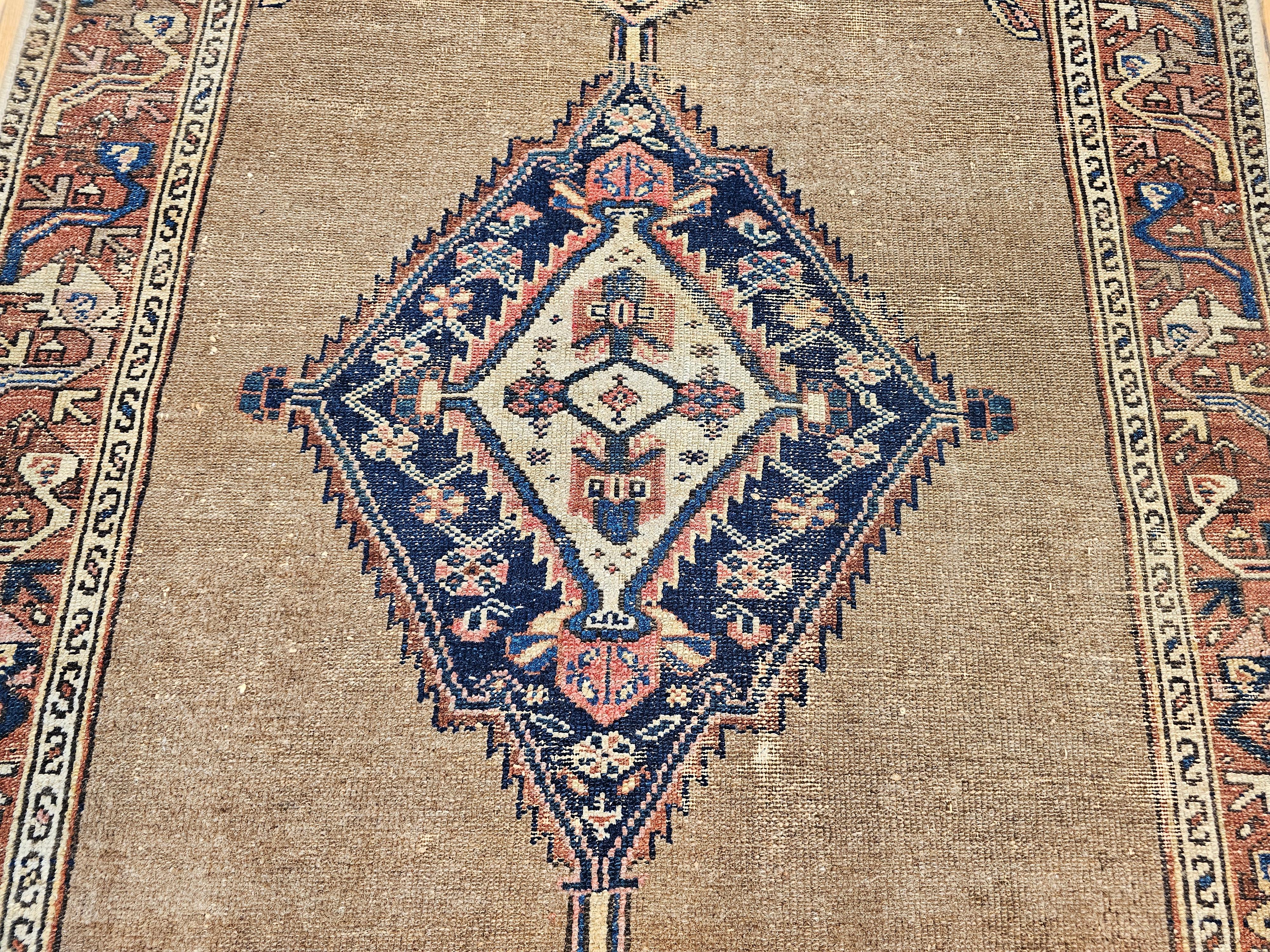 Vintage Persian Camelhair Malayer Area Rug in Camel, Navy, Ivory, Rust Red, Blue For Sale 5