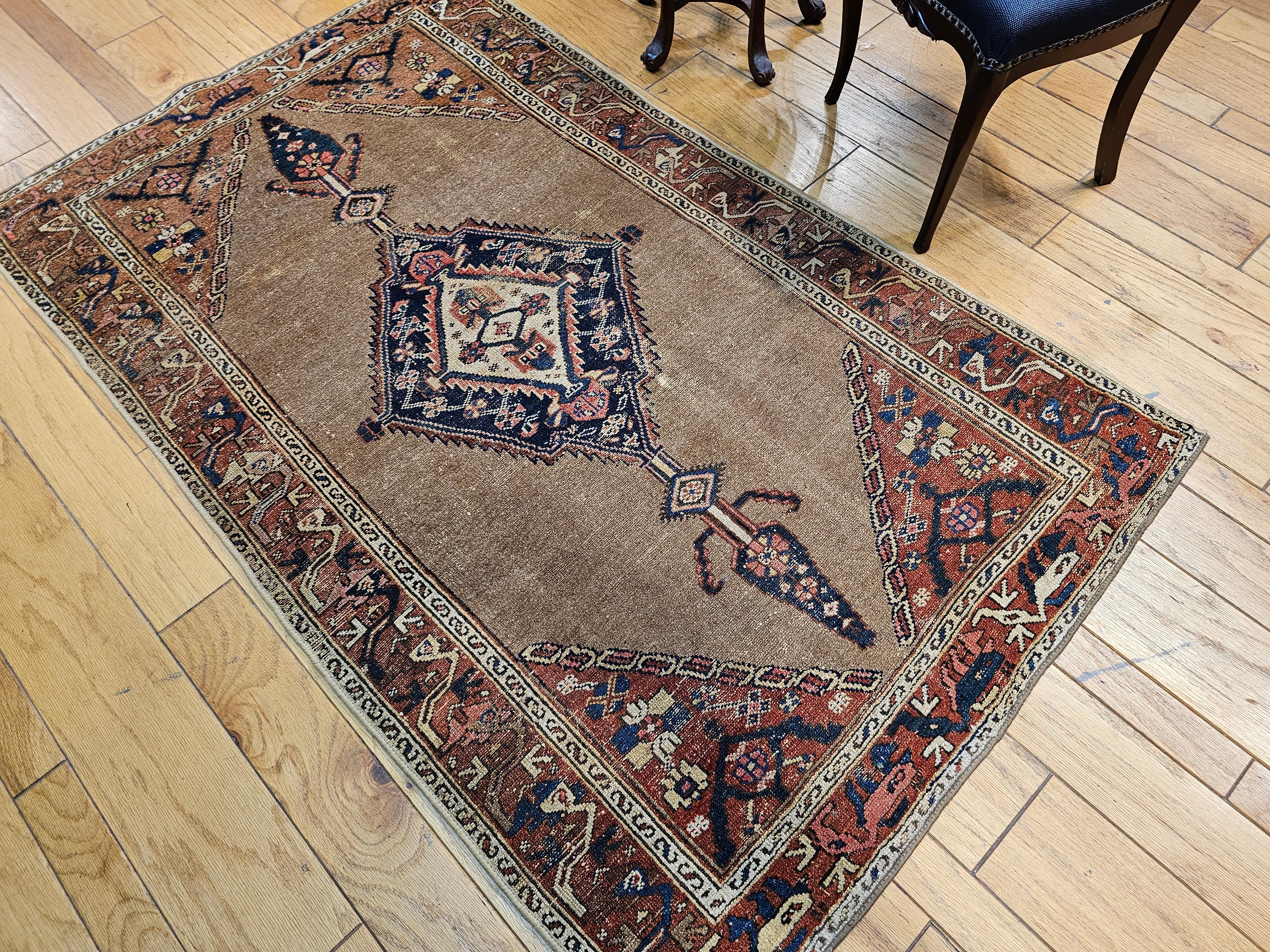 Vintage Persian Camelhair Malayer Area Rug in Camel, Navy, Ivory, Rust Red, Blue For Sale 8