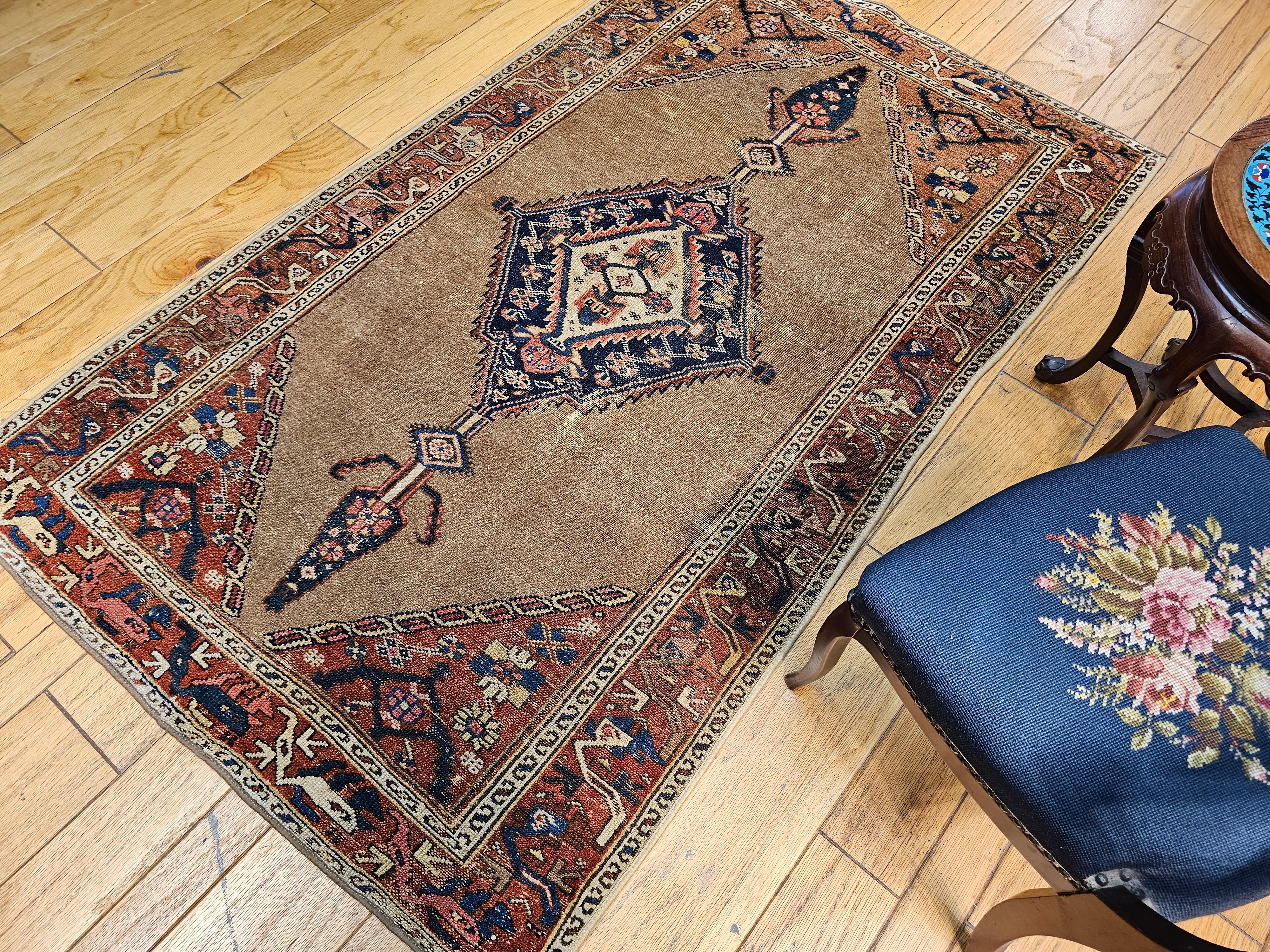 Vintage Persian Camelhair Malayer Area Rug in Camel, Navy, Ivory, Rust Red, Blue For Sale 9