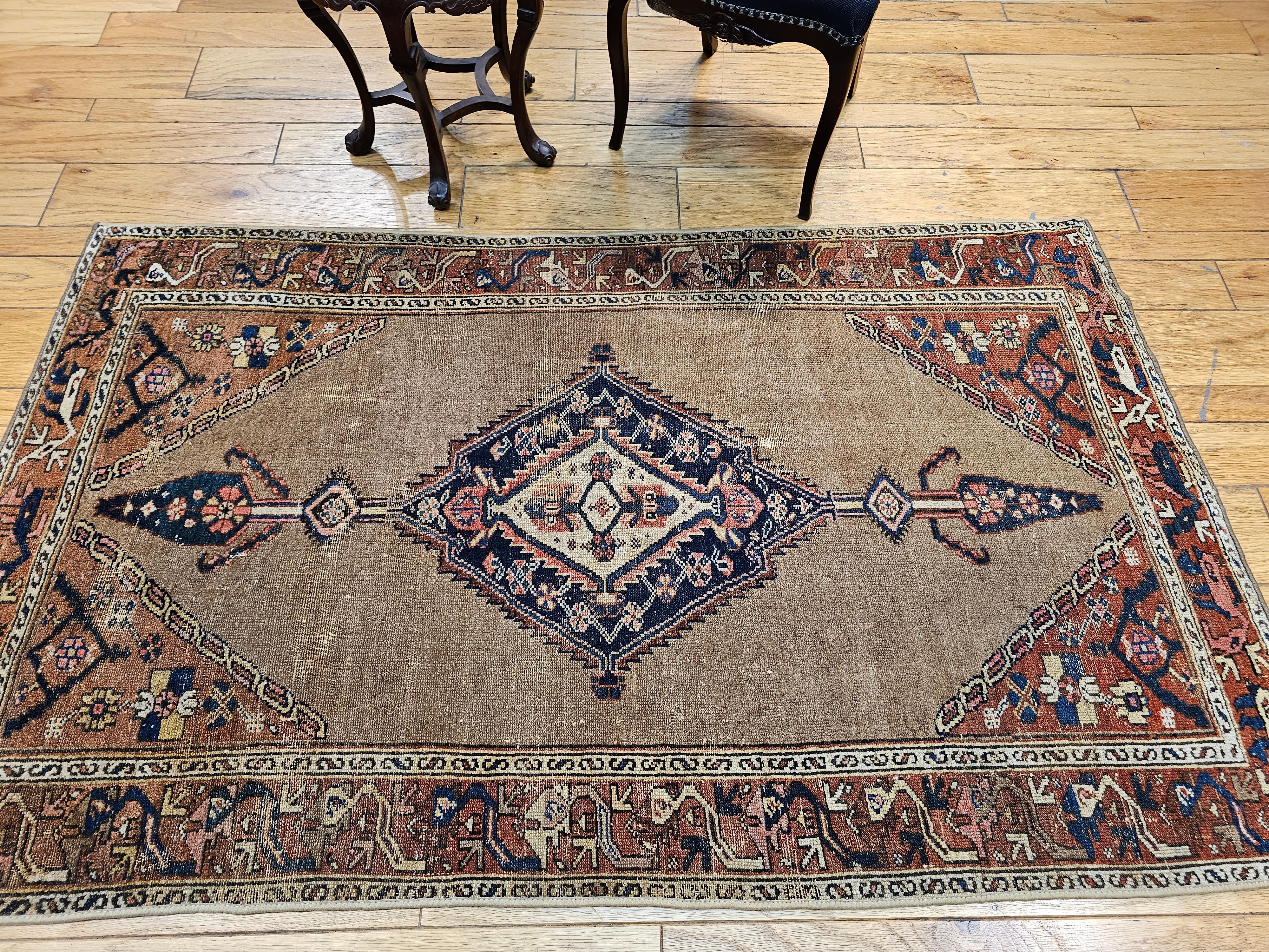 Vintage Persian Camelhair Malayer Area Rug in Camel, Navy, Ivory, Rust Red, Blue For Sale 10