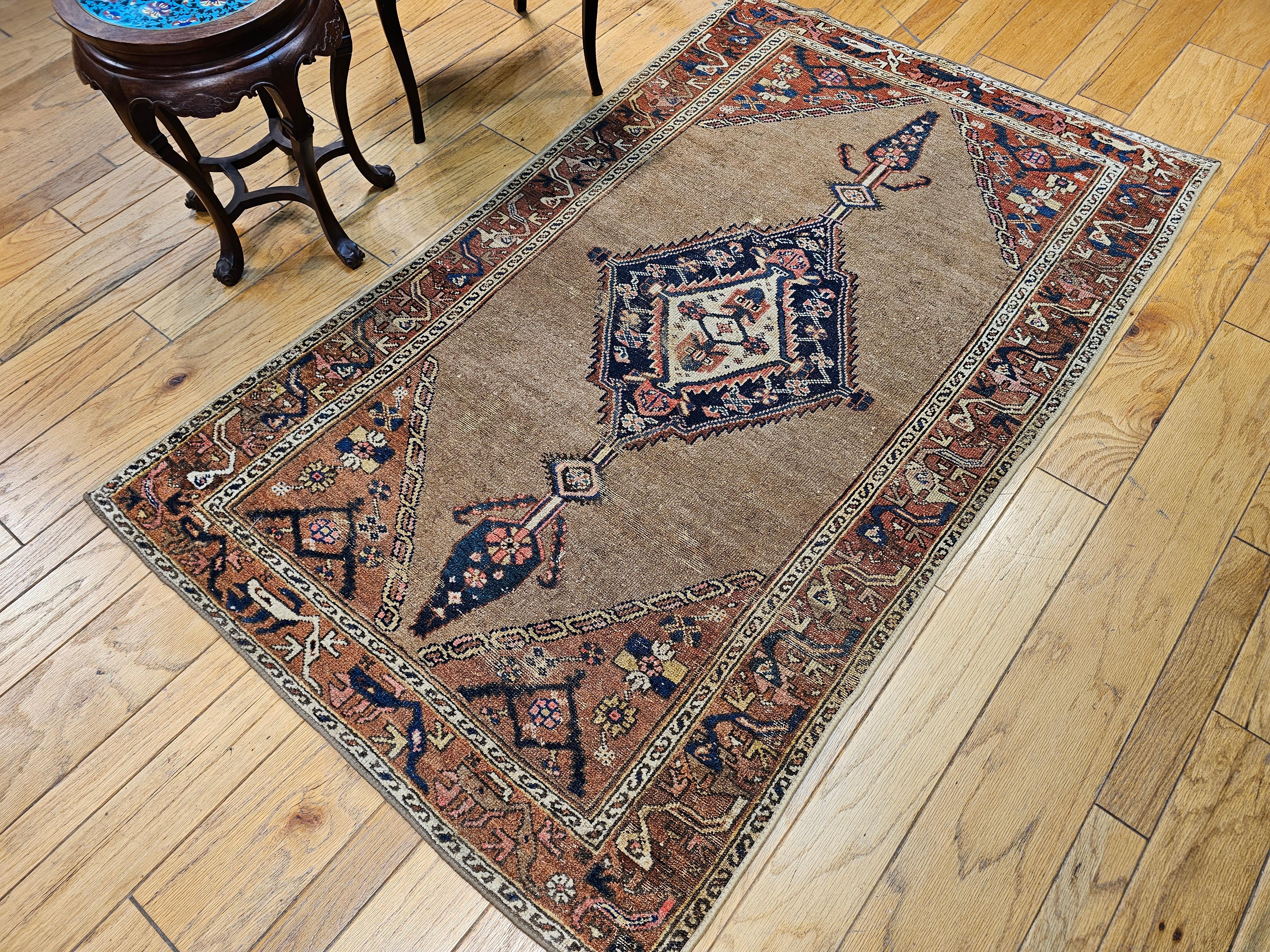 Vintage Persian Camelhair Malayer Area Rug in Camel, Navy, Ivory, Rust Red, Blue For Sale 12