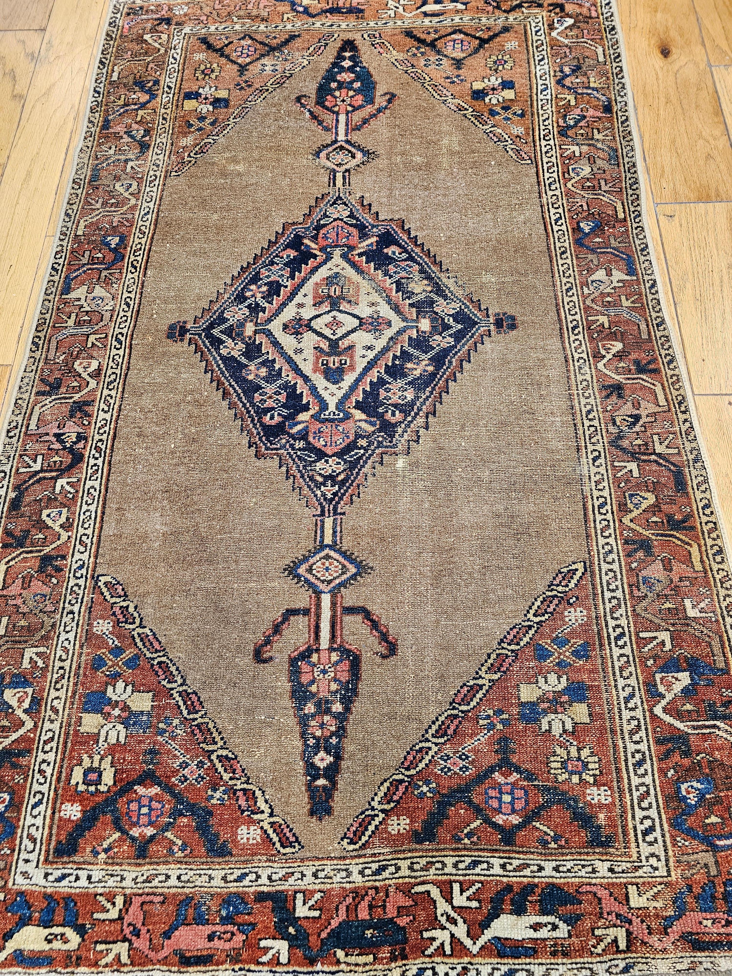 Vintage Persian Camelhair Malayer Area Rug in Camel, Navy, Ivory, Rust Red, Blue For Sale 13