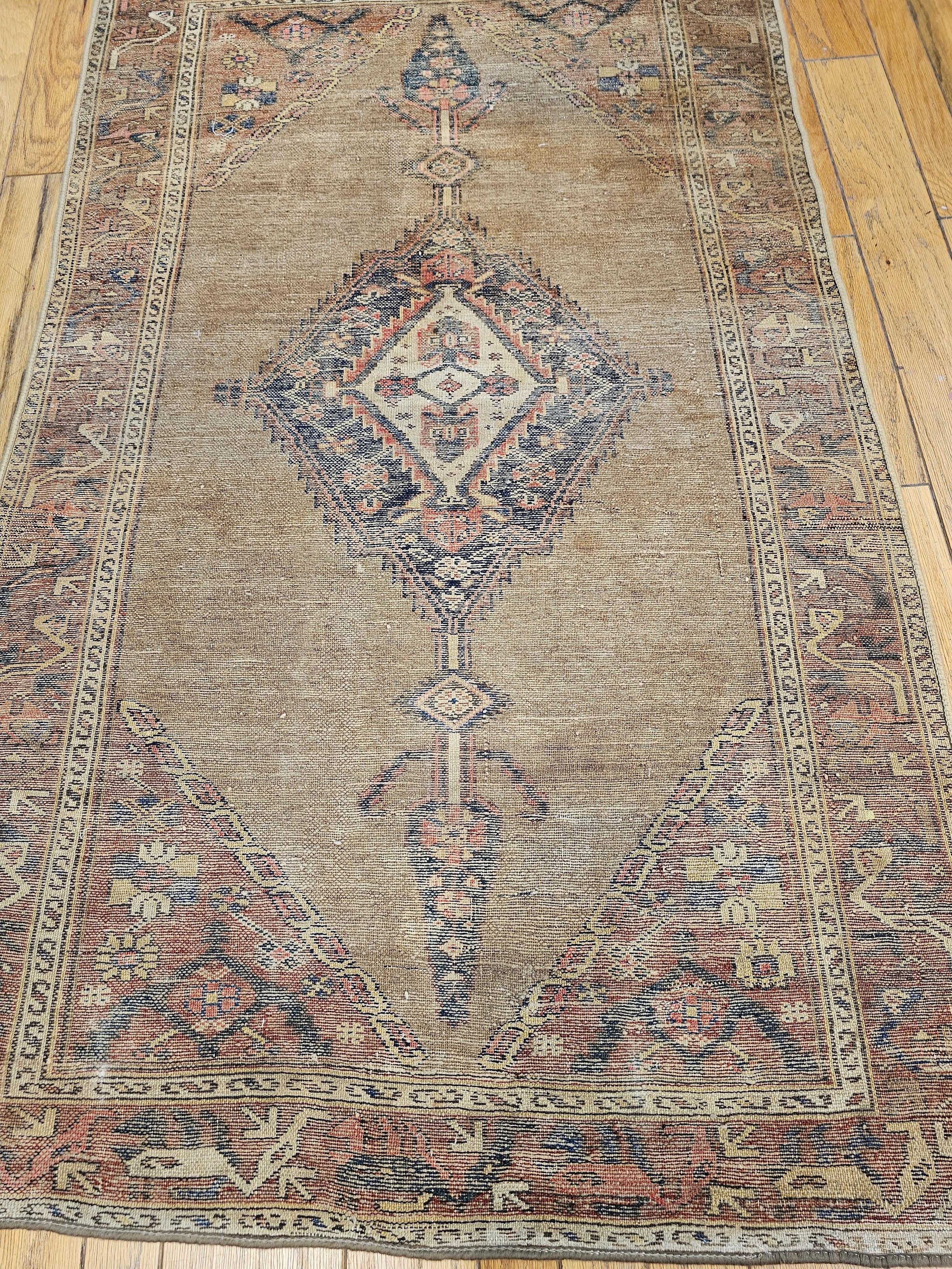 Vintage Persian Camelhair Malayer Area Rug in Camel, Navy, Ivory, Rust Red, Blue For Sale 14