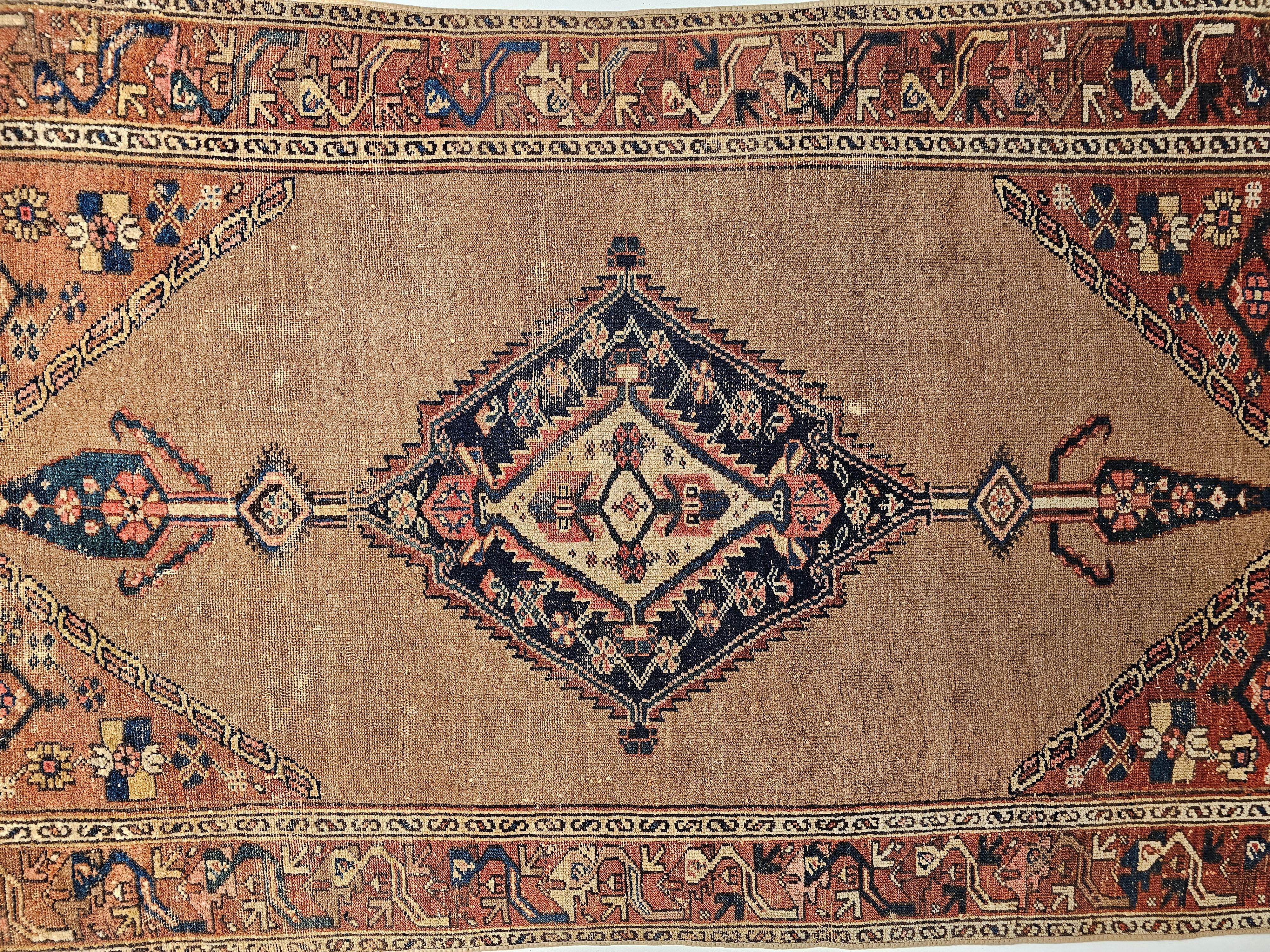 Hand-Knotted Vintage Persian Camelhair Malayer Area Rug in Camel, Navy, Ivory, Rust Red, Blue For Sale