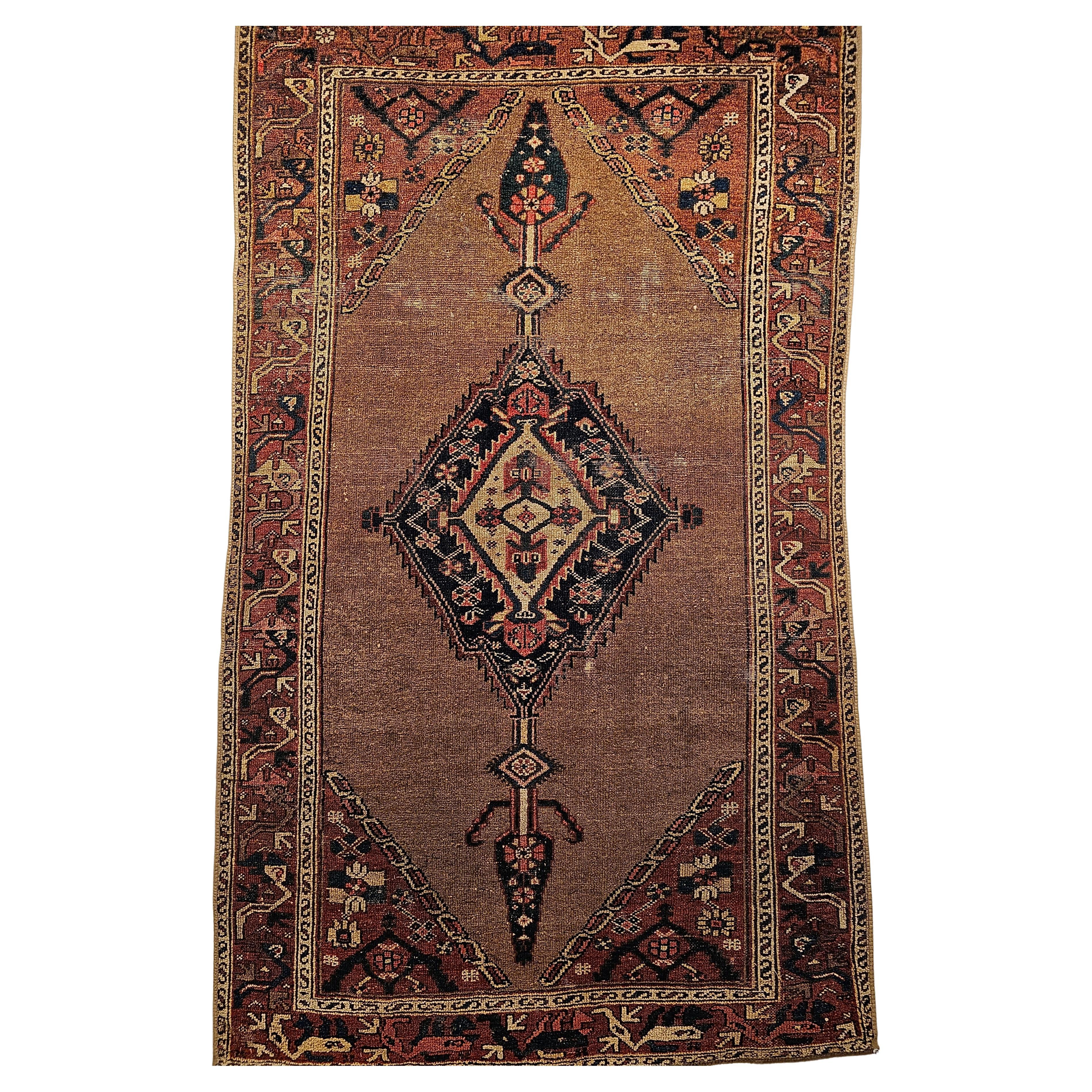 Vintage Persian Camelhair Malayer Area Rug in Camel, Navy, Ivory, Rust Red, Blue