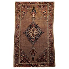 Antique Persian Camelhair Malayer Area Rug in Camel, Navy, Ivory, Rust Red, Blue