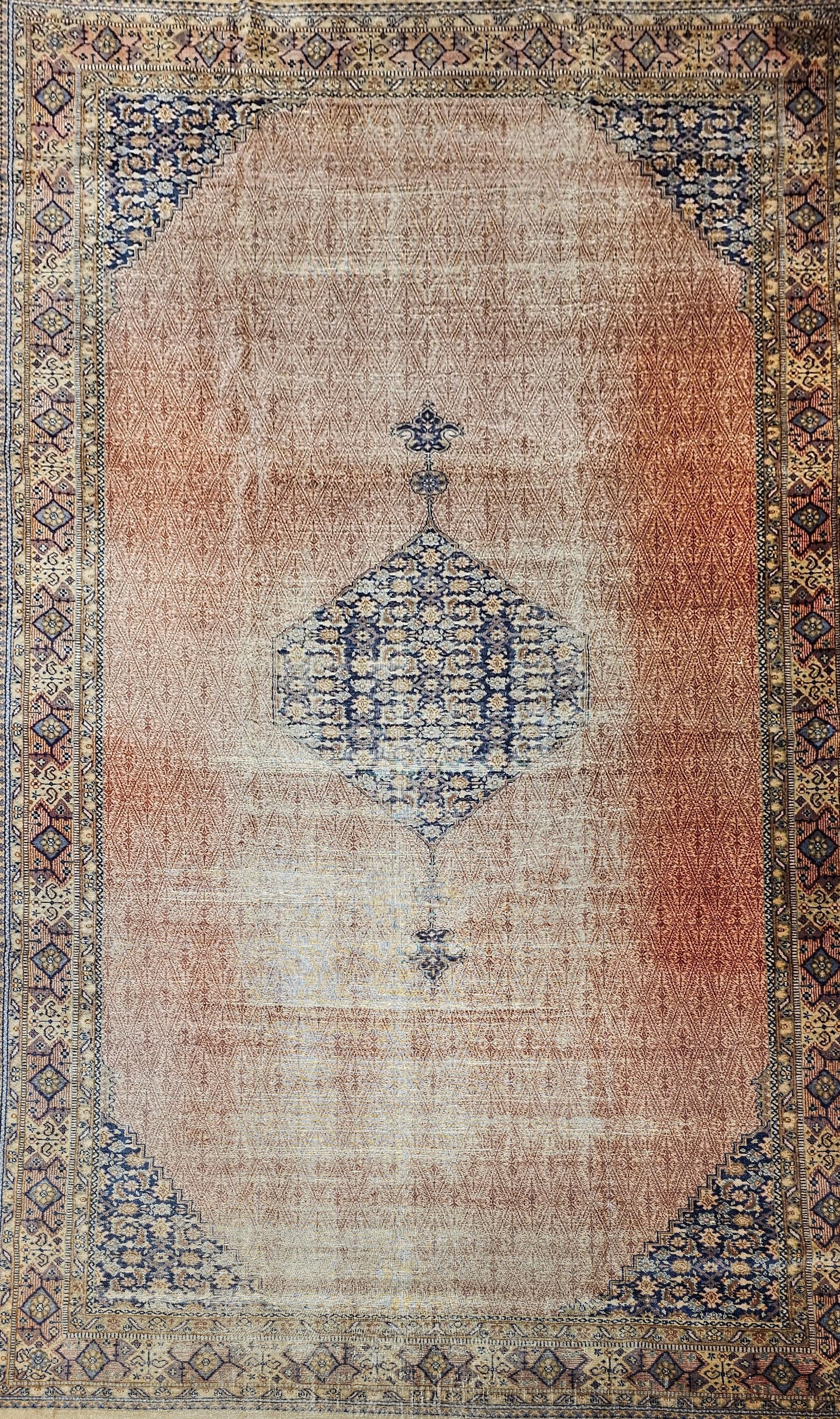 Vintage Persian Malayer Camel Hair Gallery Rug in Rust, Tan, Gray, Ivory, Navy