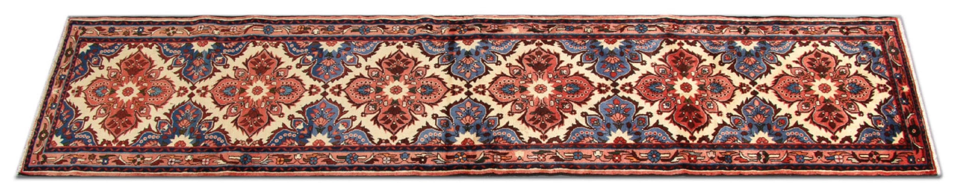 Hollywood Regency Vintage Carpet Runner, Blue Geometric Medallion Traditional Runner Rug For Sale
