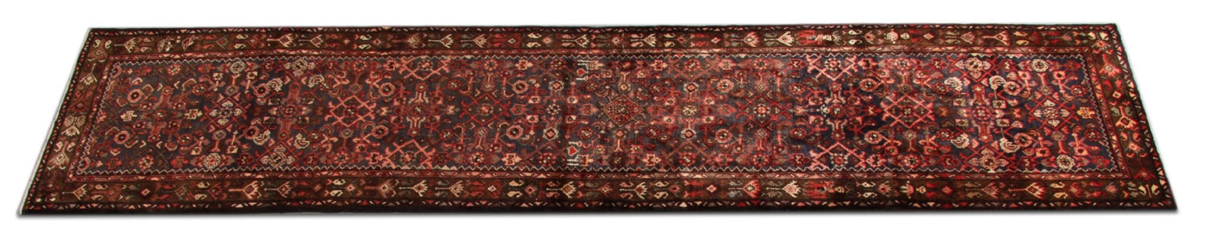 Persian Vintage Carpet Runner, Blue Geometric Traditional Runner Rug For Sale