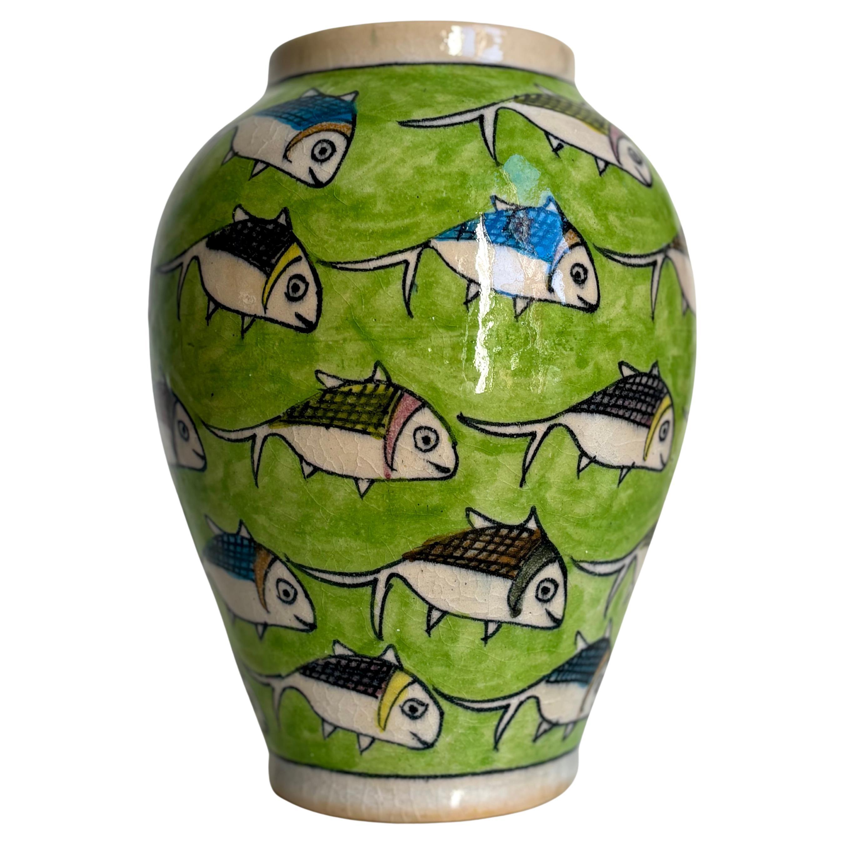 Vase vintage en céramique persane avec poisson vert