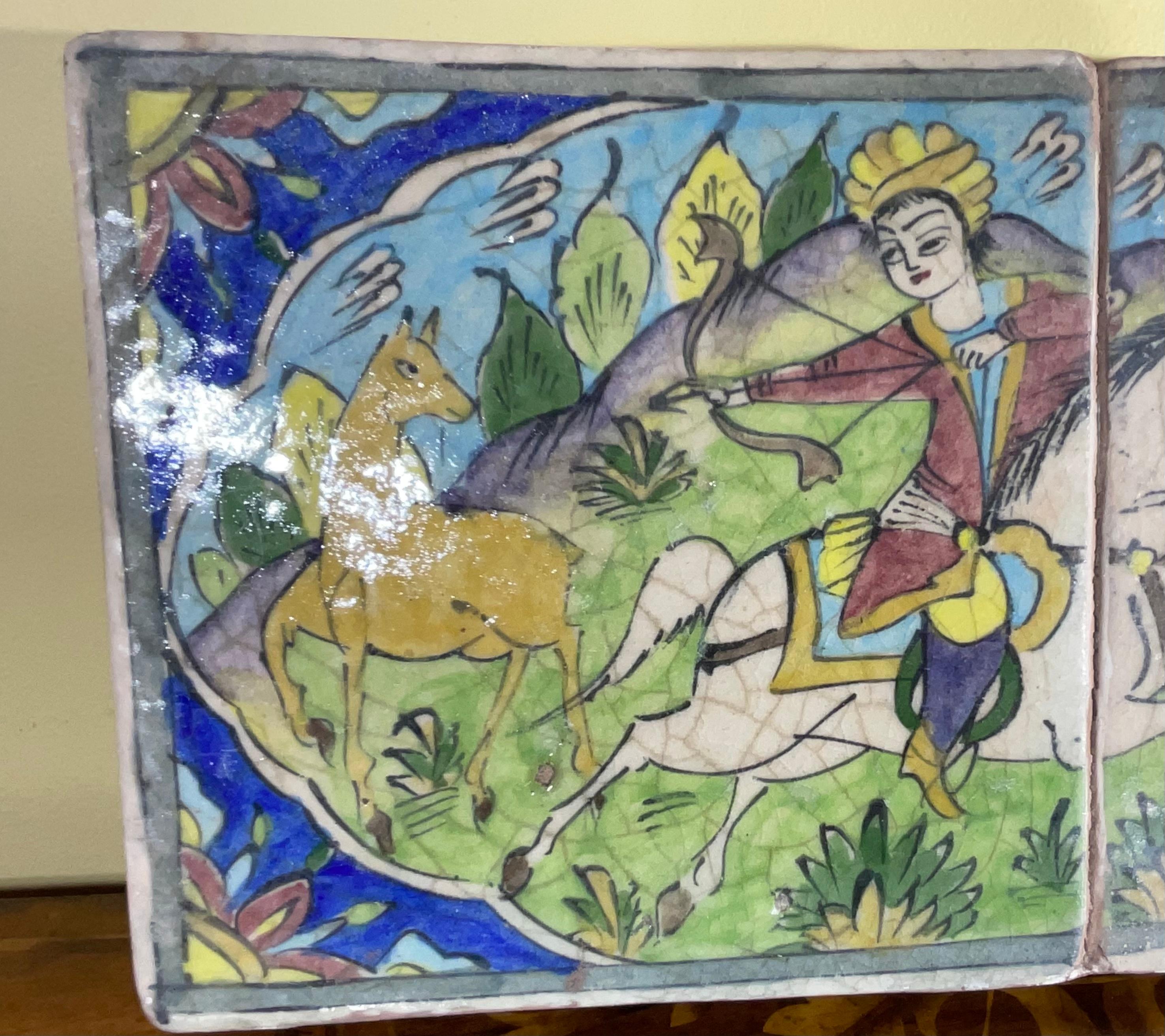 Asian Vintage Persian Ceramic Hunting scene Wall Hanging Tile Set For Sale